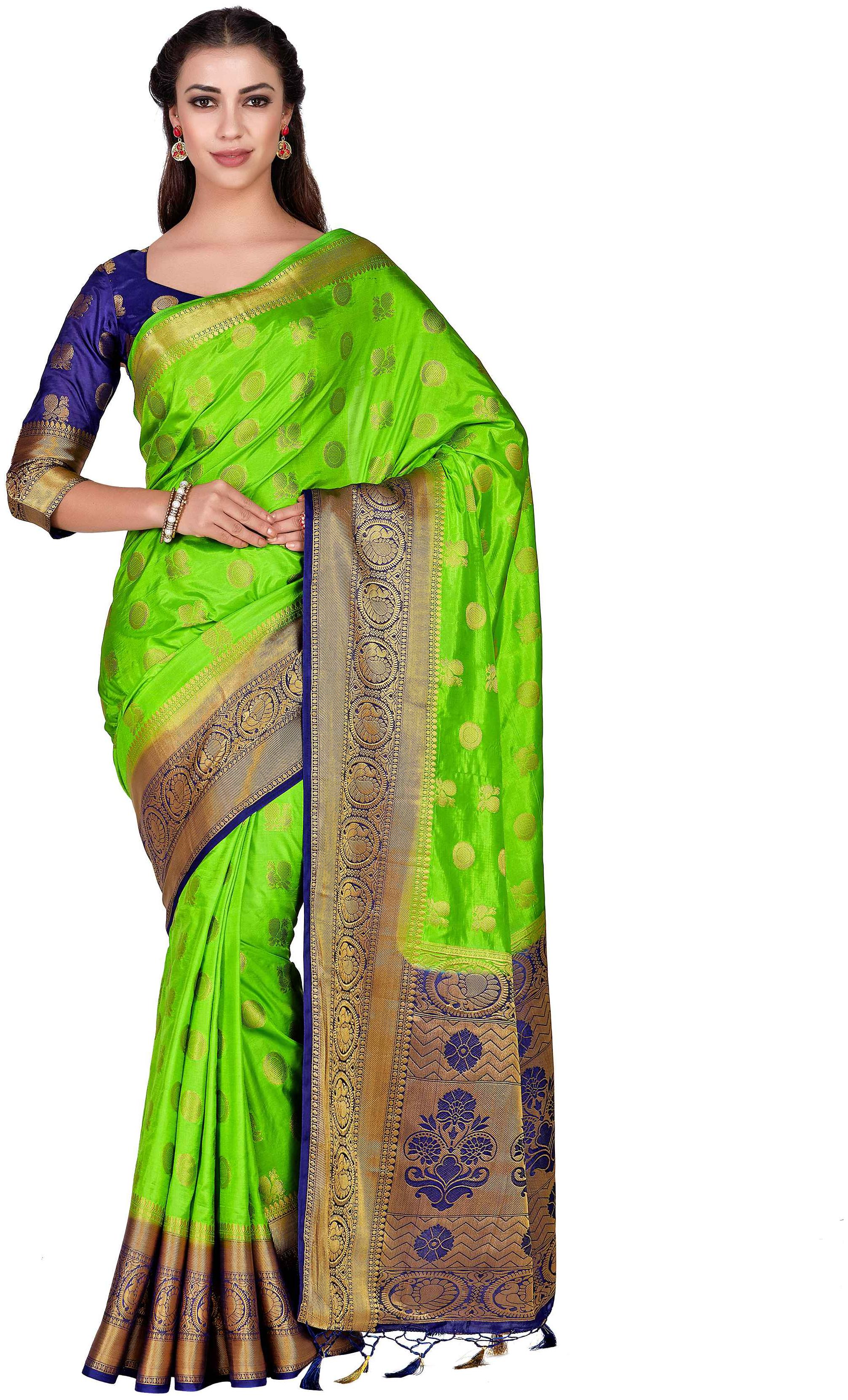 

Mimosa Art silk Wedding saree Kanjivarm Pattu style With Contrast Blouse Color Green (4308-371-2D-LRL-NVY)