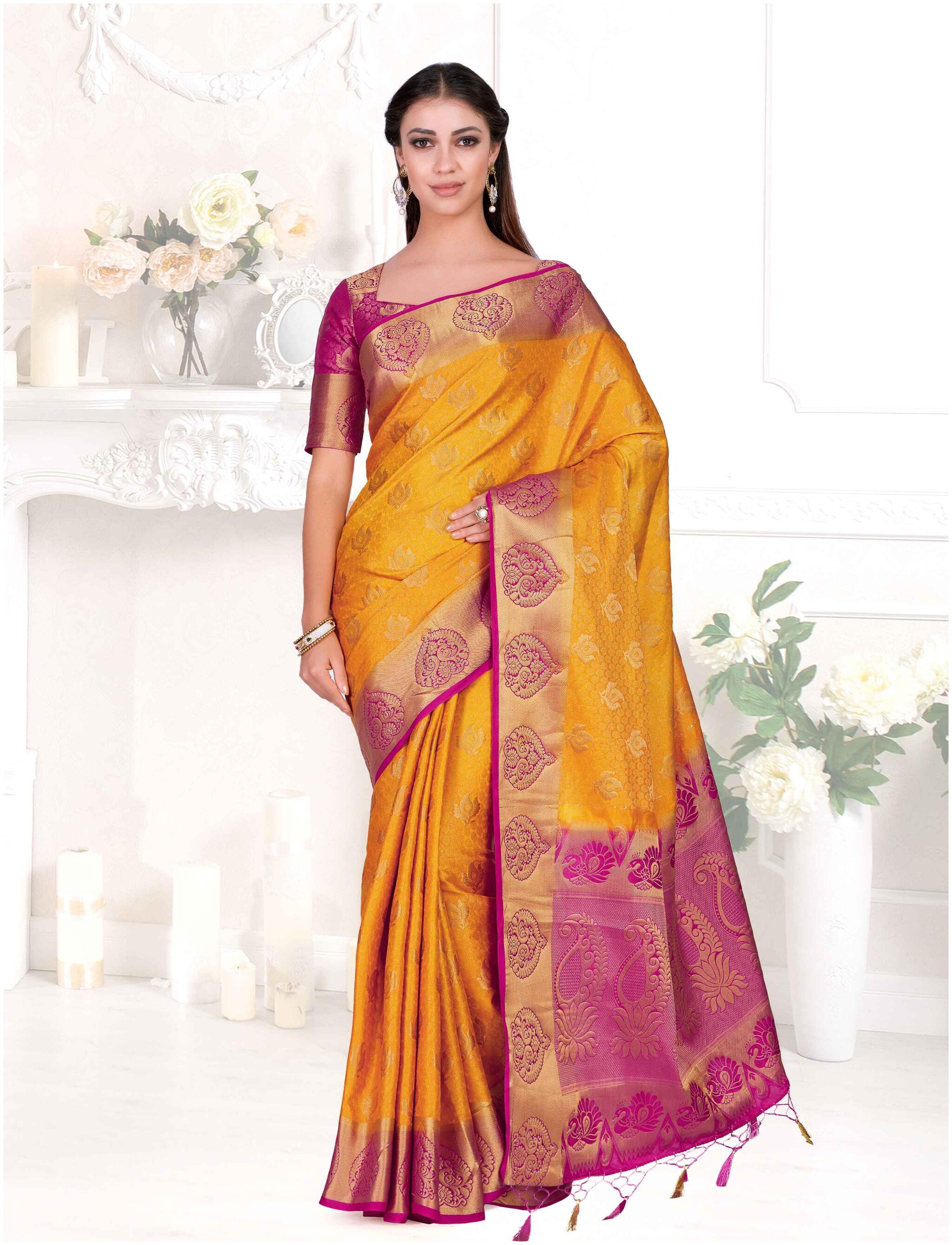 

Mimosa Yellow Woven Kanchipuram Silk Designer Saree With Blouse With blouse