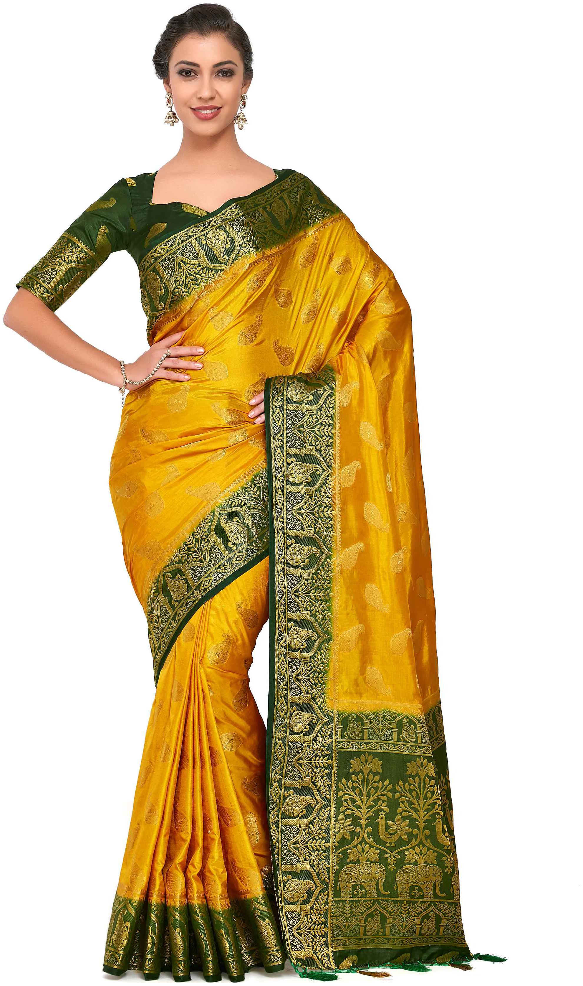 

Mimosa Yellow Woven Kanchipuram Silk Designer Saree With Blouse With blouse
