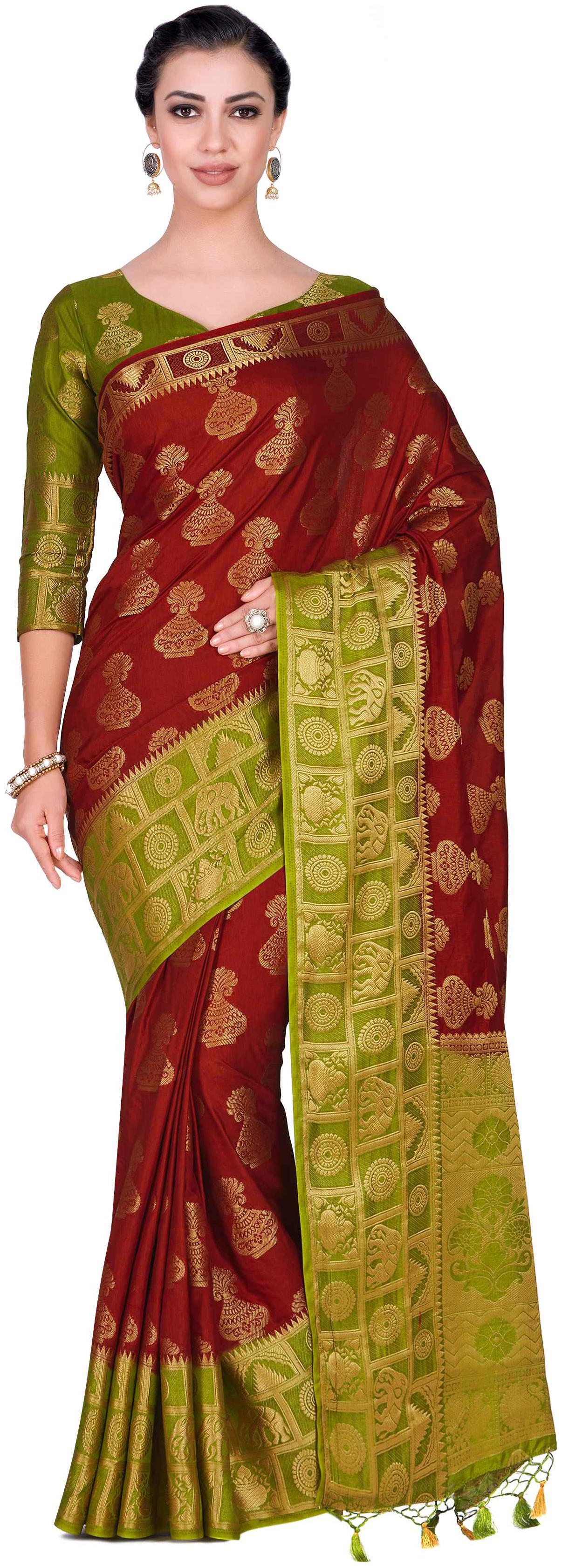 

Mimosa Red Woven Kanchipuram Silk Designer Saree With Blouse With blouse