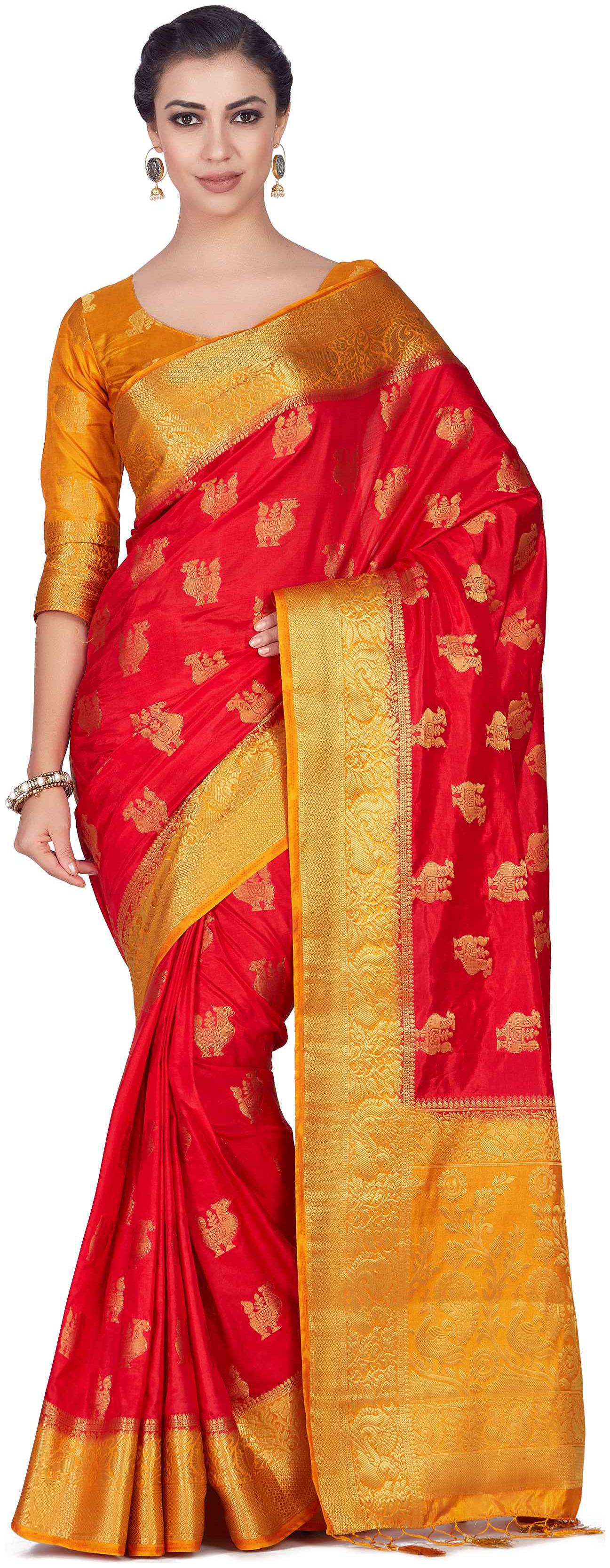 

Mimosa Art silk Wedding saree Kanjivarm Pattu style With Contrast Blouse Color Red (4296-358-2D-STRW-MST)