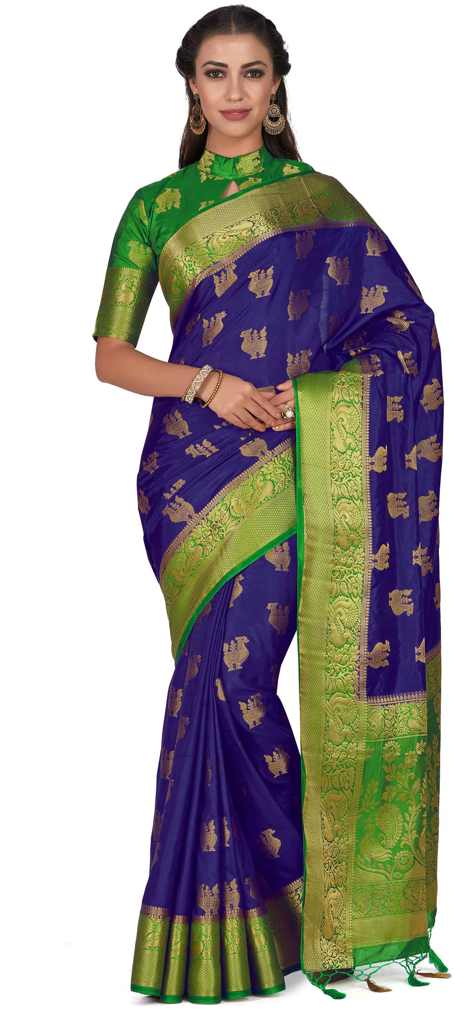 

Mimosa Art silk Wedding saree Kanjivarm Pattu style With Contrast Blouse Color Blue (4296-358-2D-NVY-GRN)