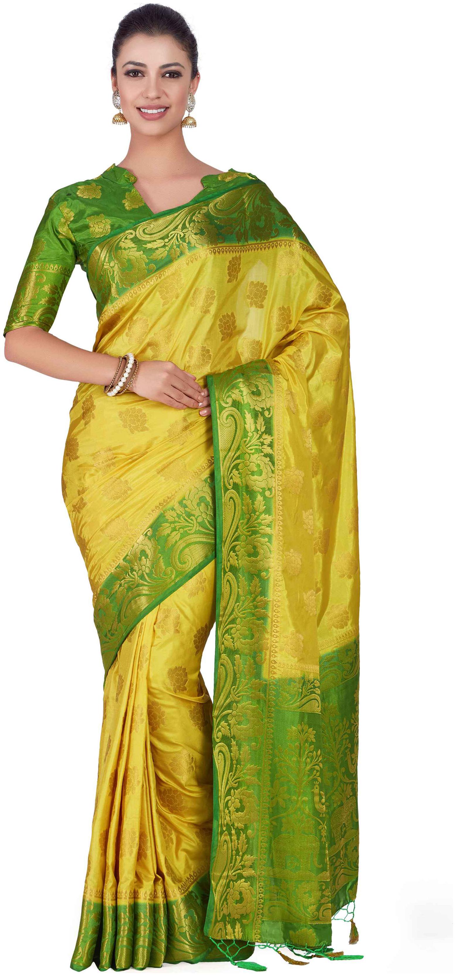 

Mimosa Yellow Woven Kanchipuram Silk Designer Saree With Blouse With blouse