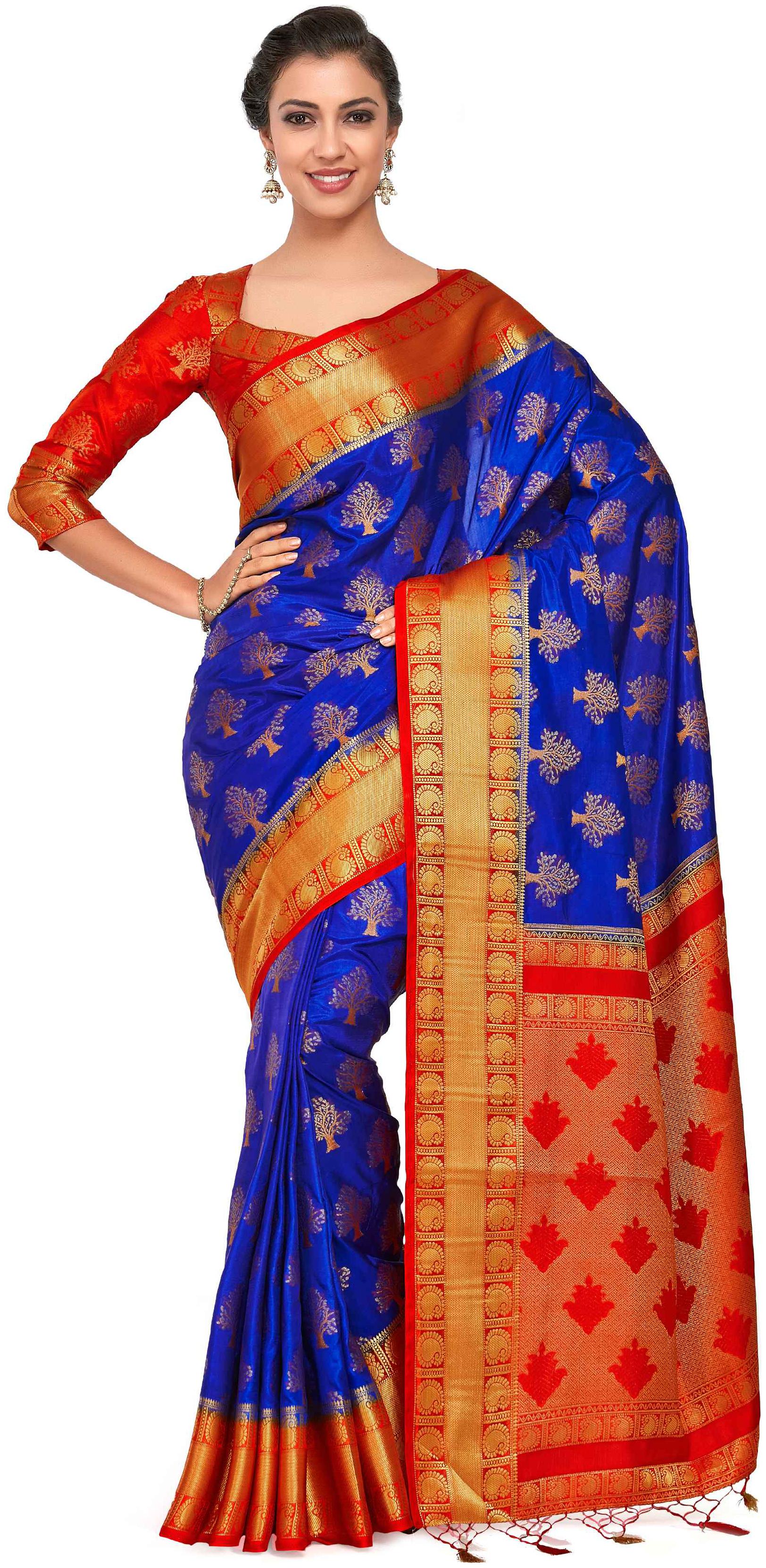 

Mimosa Blue Woven Kanchipuram Silk Regular Saree With Blouse With blouse