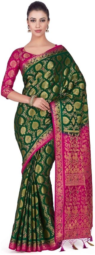 Mimosa Green Woven Kanchipuram Silk Designer Saree With Blouse , With blouse