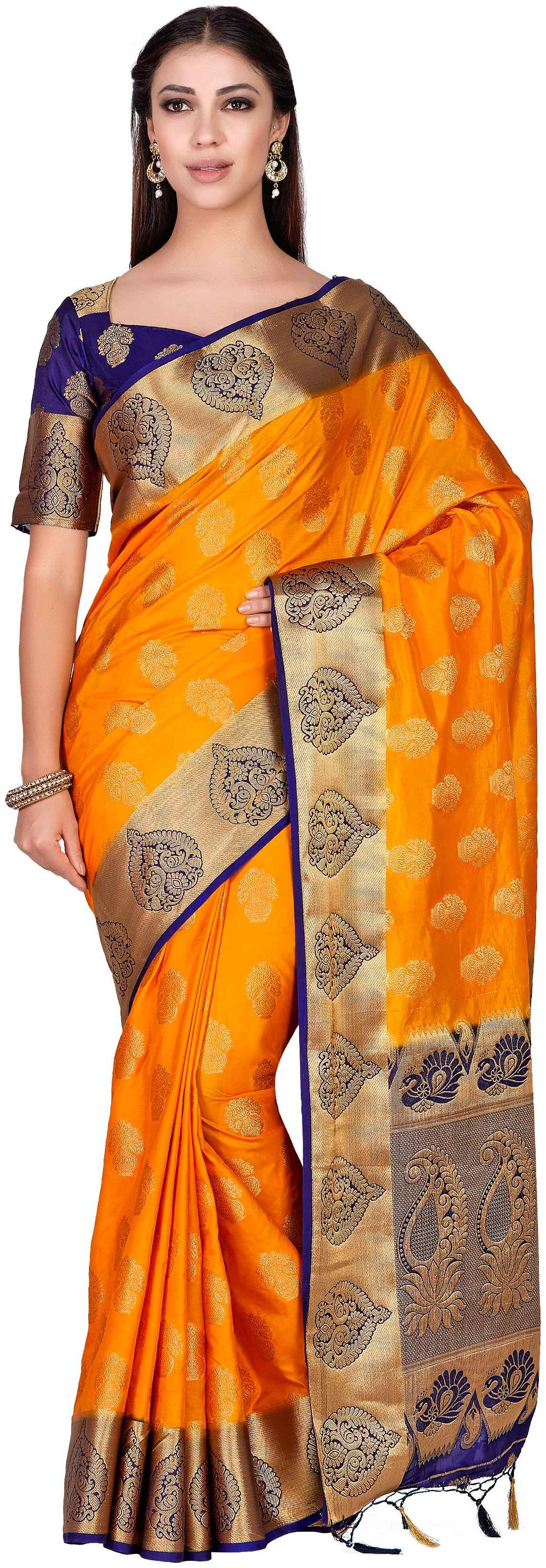 

Mimosa Art silk Wedding saree Kanjivarm Pattu style With Contrast Blouse Color Gold (4295-355-2D-GLD-NVY)