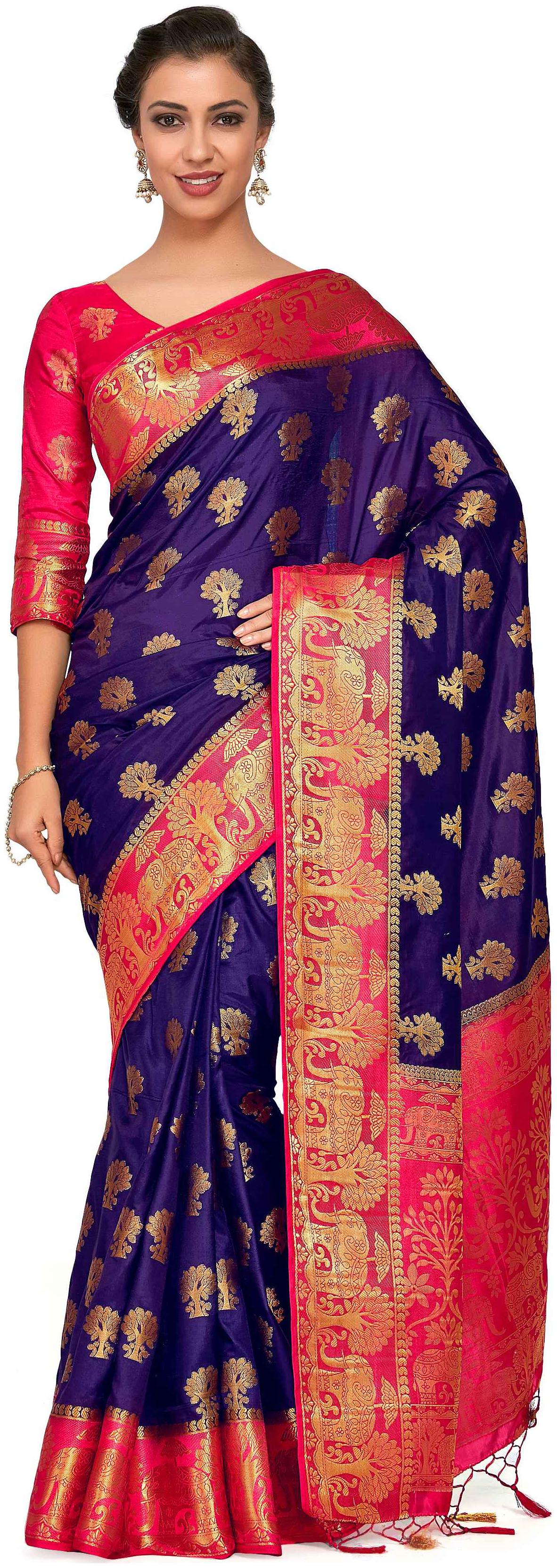 

Mimosa Blue Woven Kanchipuram Silk Designer Saree With Blouse With blouse