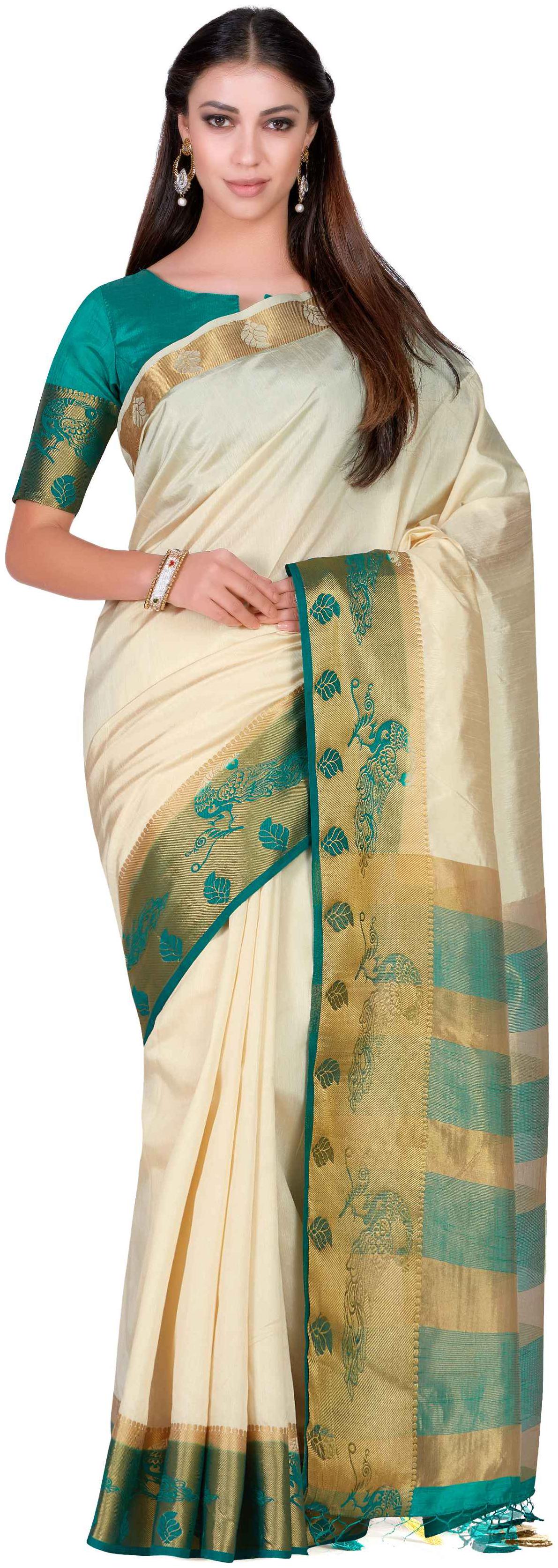 

Mimosa Art Tusser silk Wedding saree Kanjivarm Pattu style With Contrast Blouse Color Beige (4284-2096-2D-HWT-RMA)