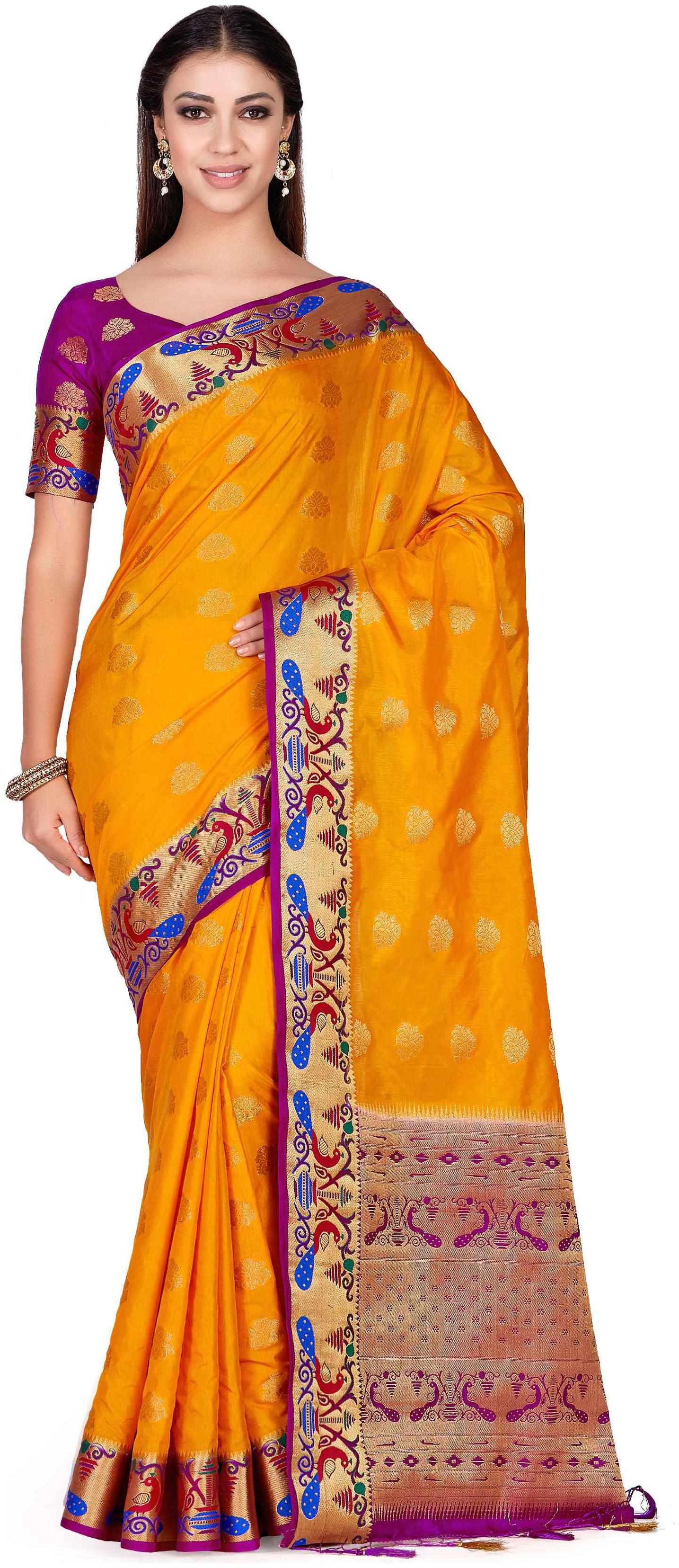 

Mimosa Art Wedding silk saree Paithani style With Contrast Blouse Color Gold (4286-345-2D-GLD-MEJ)