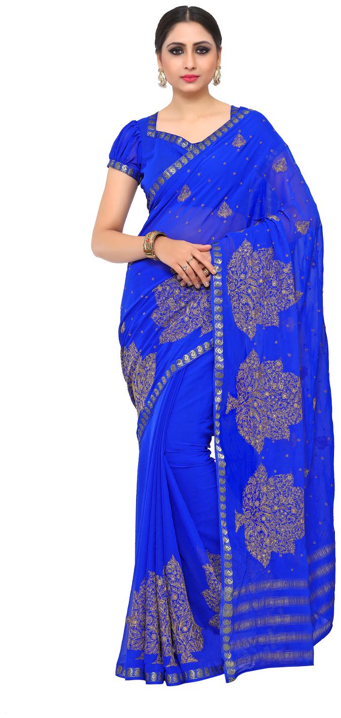 

Mimosa Blue Embroidered Kanchipuram Silk Designer Saree With Blouse With blouse