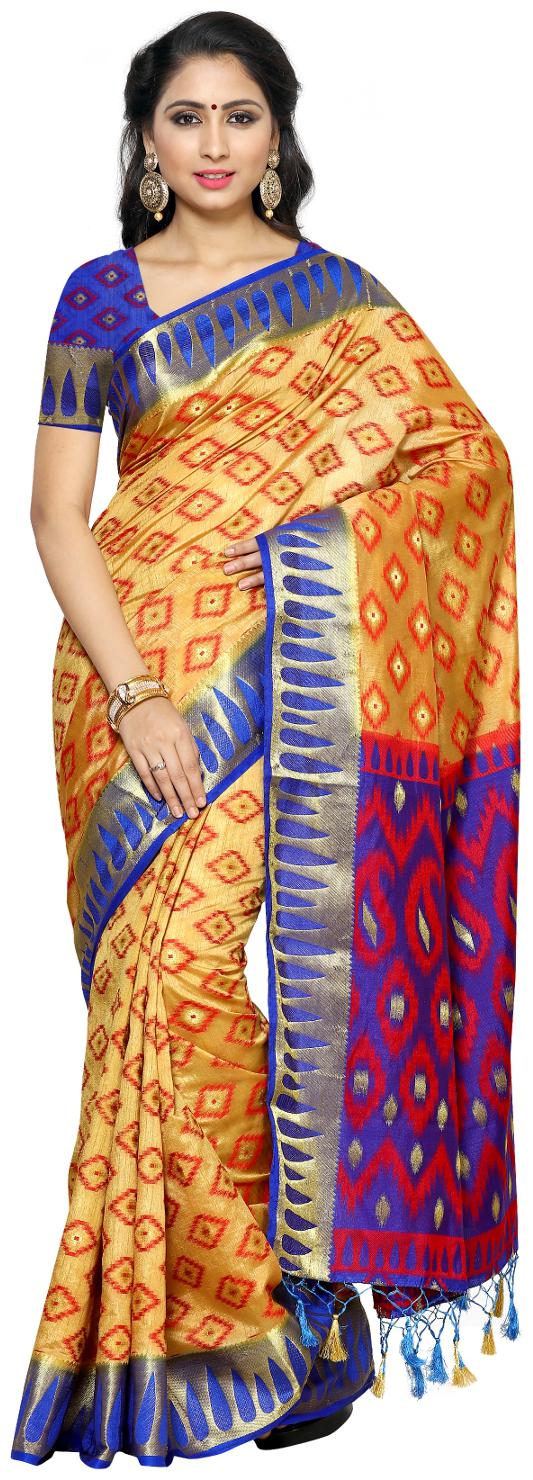 

Mimosa By Kupinda Ikkat Art Silk Saree Kanjivaram Style Color Chiku (4013-2134-2D-CKU-RBLU)