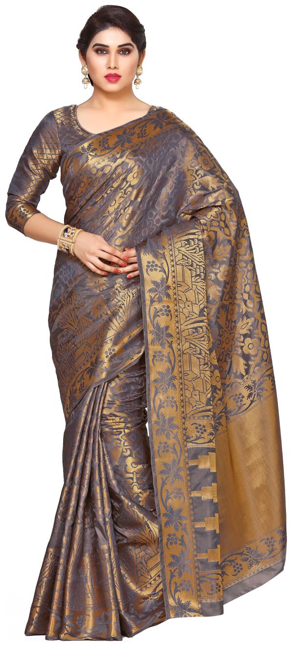 

Mimosa Grey Woven Kanchipuram Silk Regular Saree With Blouse With blouse