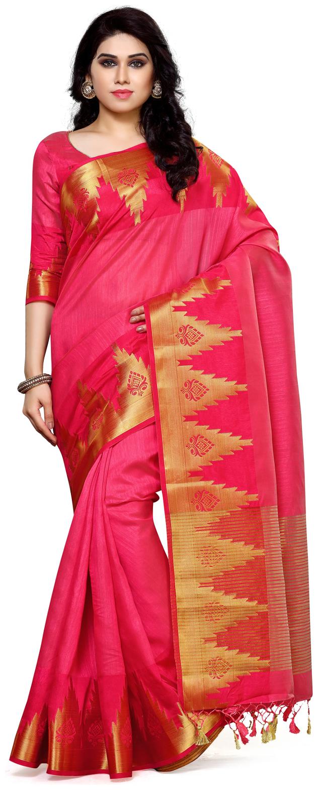 

Mimosa Pink Solid Universal Regular Saree With Blouse With blouse