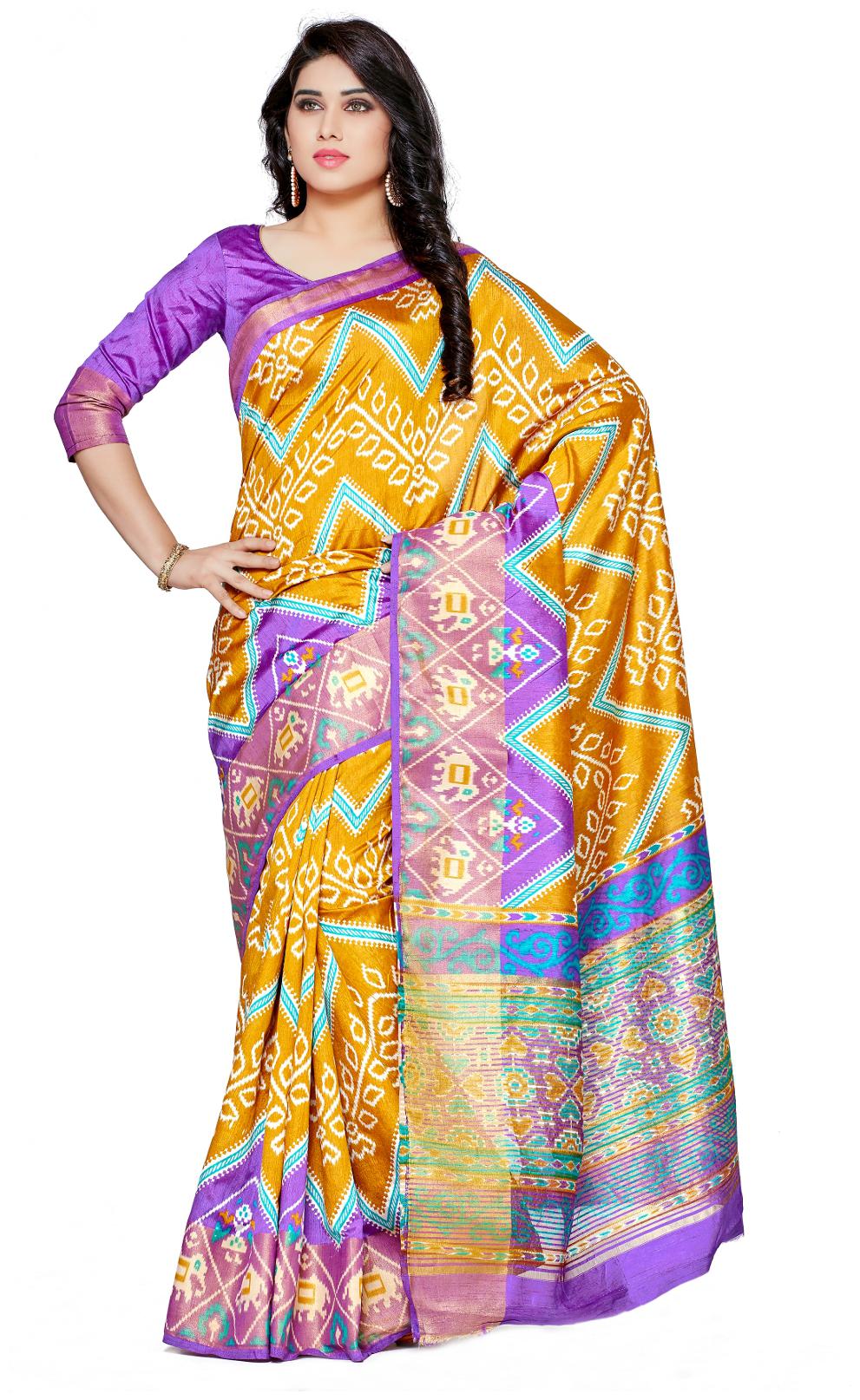 

Mimosa By Kupinda Women s Tussar Silk Saree IkkatStyle (Latest Designer Sarees Party wear sarees New collection sarees) Color Mustard (4115-SALN-2-MST)