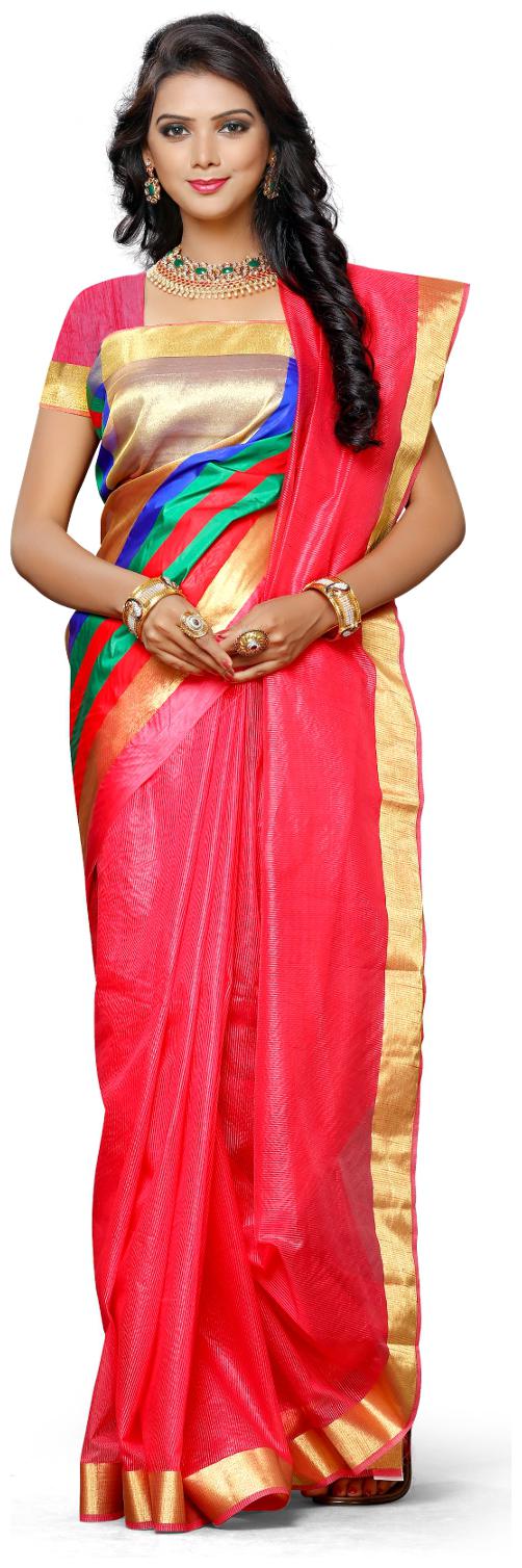 

Mimosa Pink Solid Universal Regular Saree With Blouse With blouse