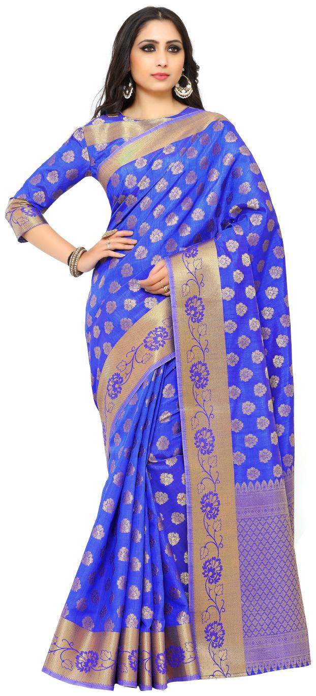 

Mimosa Blue Woven Kanchipuram Silk Regular Saree With Blouse With blouse