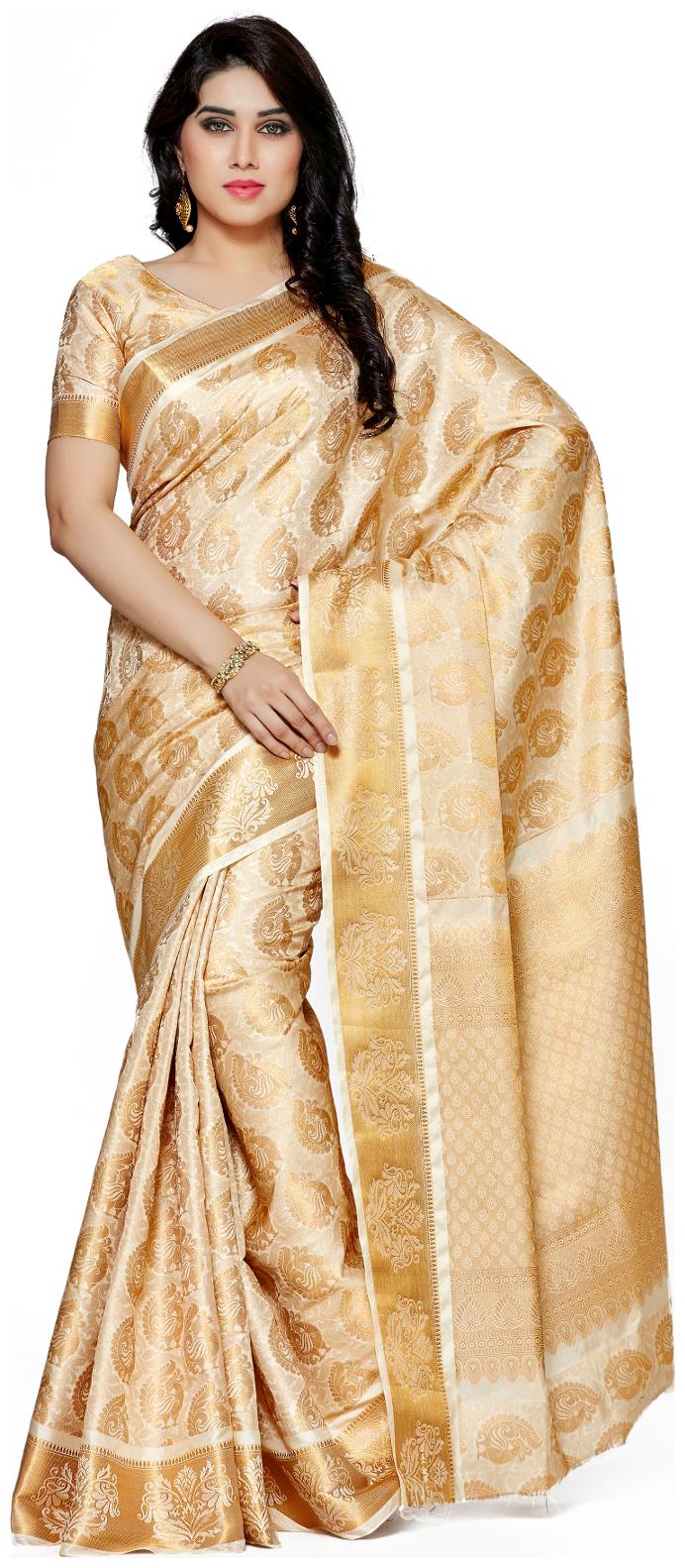 

Mimosa By Kupinda Women s Art Silk Saree Kanjivaram Style (Latest Designer Sarees Party wear sarees New collection sarees) Color Beige (4105-257-SD-HWT)