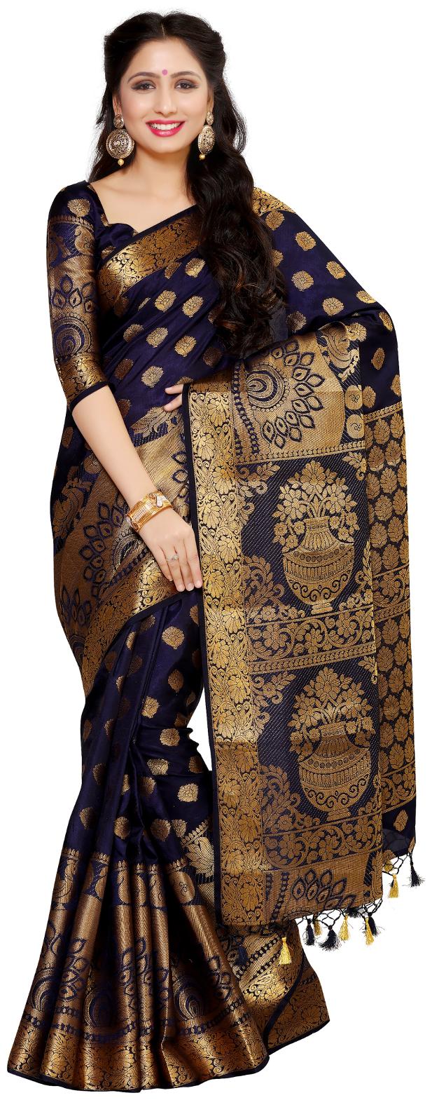 

Mimosa Blue Woven Kanchipuram Silk Designer Saree With Blouse With blouse