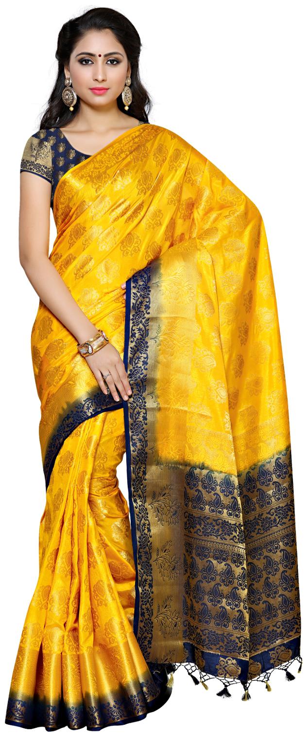 

Mimosa Yellow Solid Kanchipuram Silk Regular Saree With Blouse With blouse
