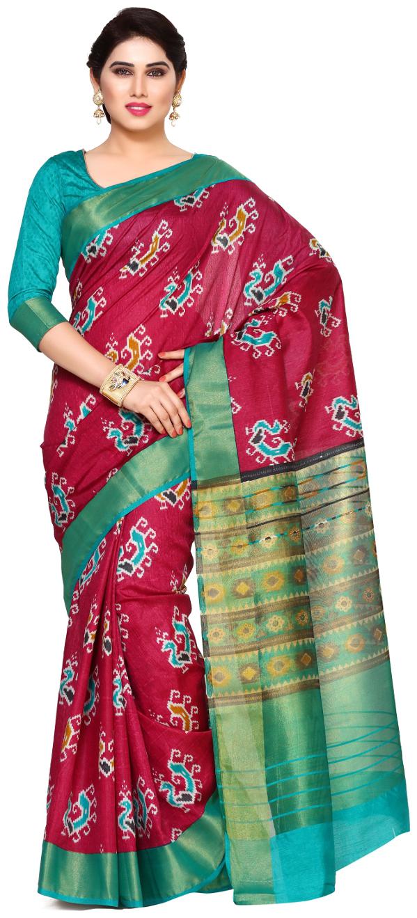 

Mimosa By Kupinda Women s Tussar Silk Saree Ikkat Style (Latest Designer Sarees Party wear sarees New collection sarees) (4130-SALN-5-WINE-RMA) Color Red