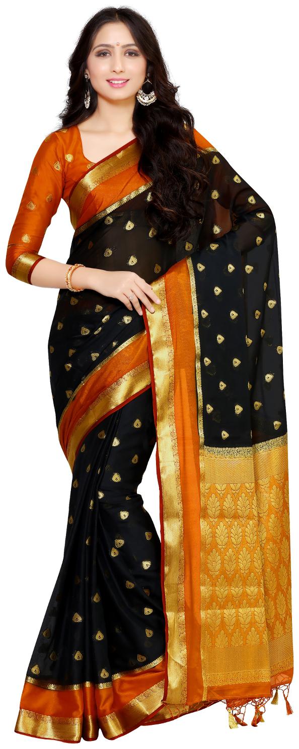 

Mimosa By Kupinda Crepe Saree Kanjivaram Style Color Orange (4036-2133-3D-BLK)