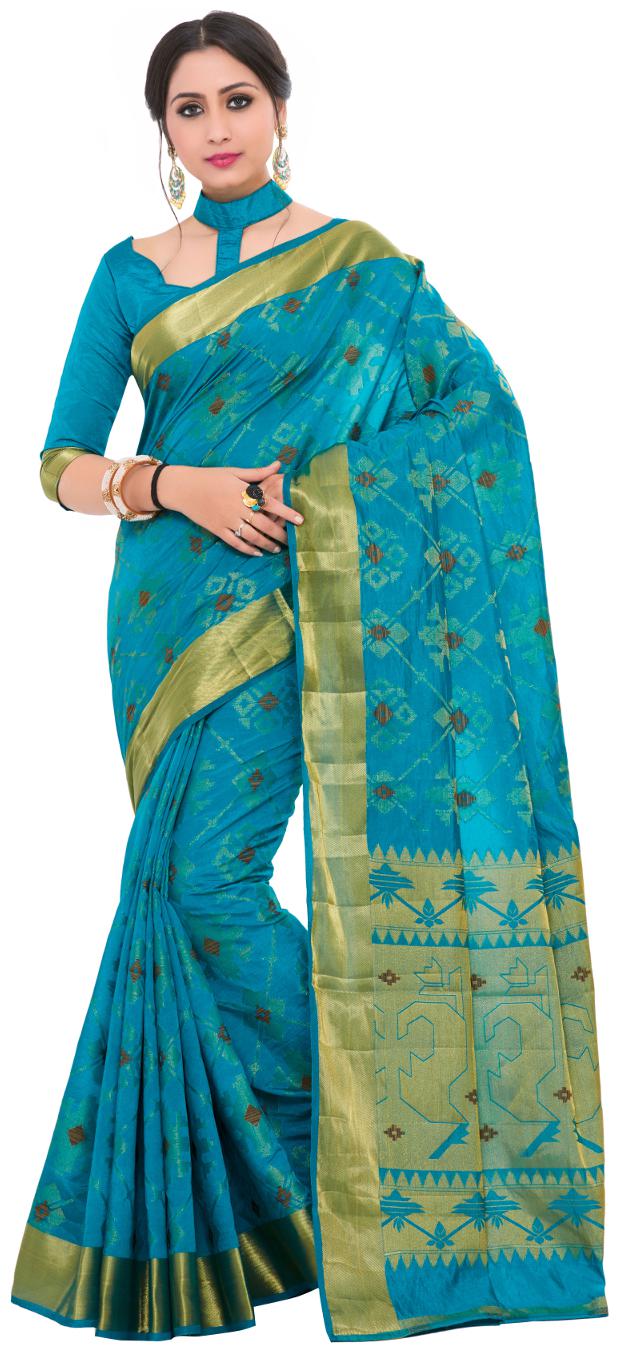 

Mimosa Blue Woven Patola Regular Saree With Blouse With blouse