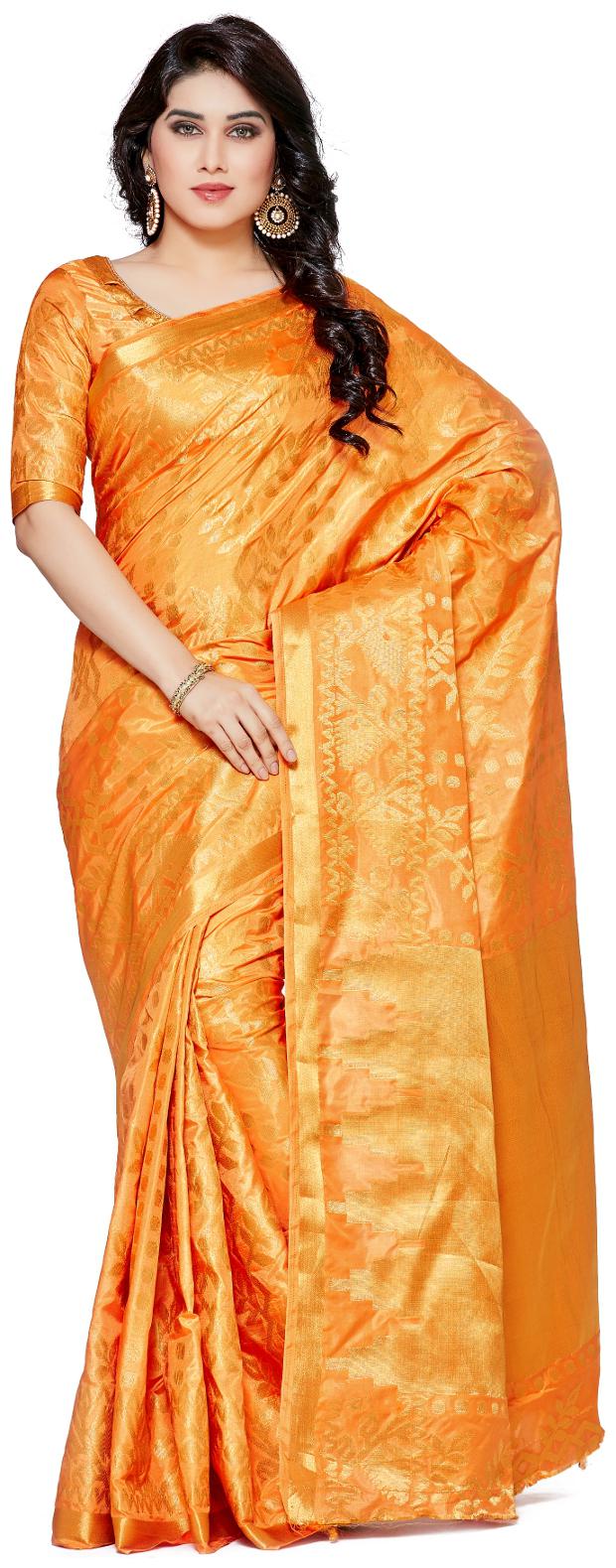

Mimosa By Kupinda Women s Art Silk Saree Patola Kanjivaram Style (Latest Designer Sarees Party wear sarees New collection sarees) Color Orange (4108-292-SD-PCH)