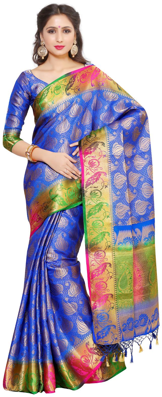 

Mimosa Blue Solid Universal Regular Saree With Blouse With blouse