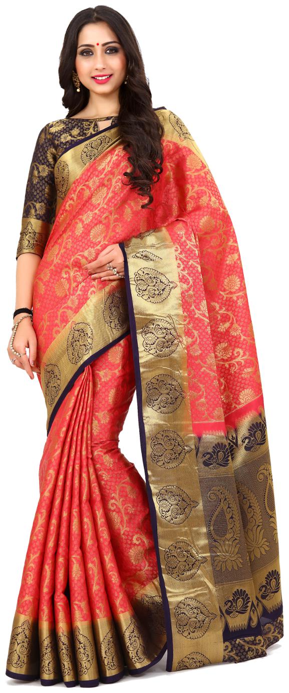 

Mimosa Red Woven Kanchipuram Silk Designer Saree With Blouse With blouse
