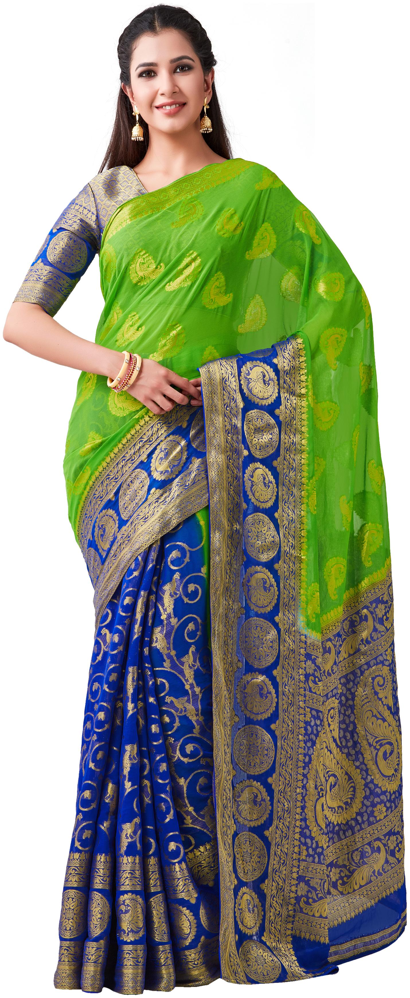 

Mimosa Chiffon Wedding Universal Saree Green Blue