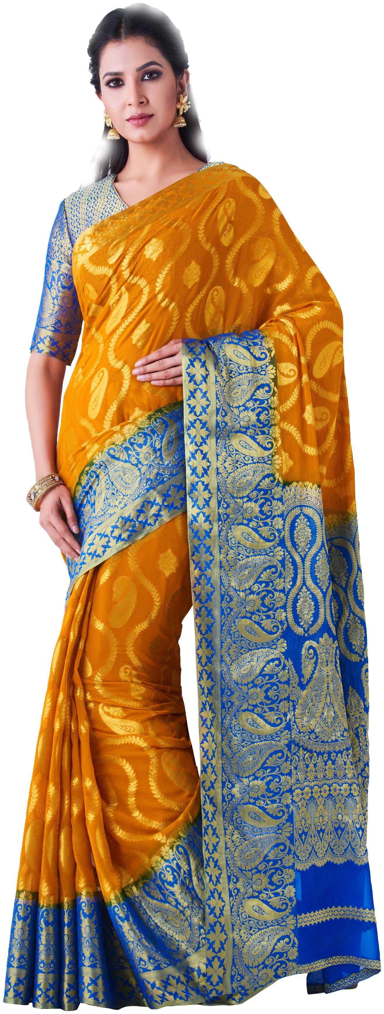 

MIMOSA Chiffon Kanchipuram Silk Zari Work Sarees Yellow Blue