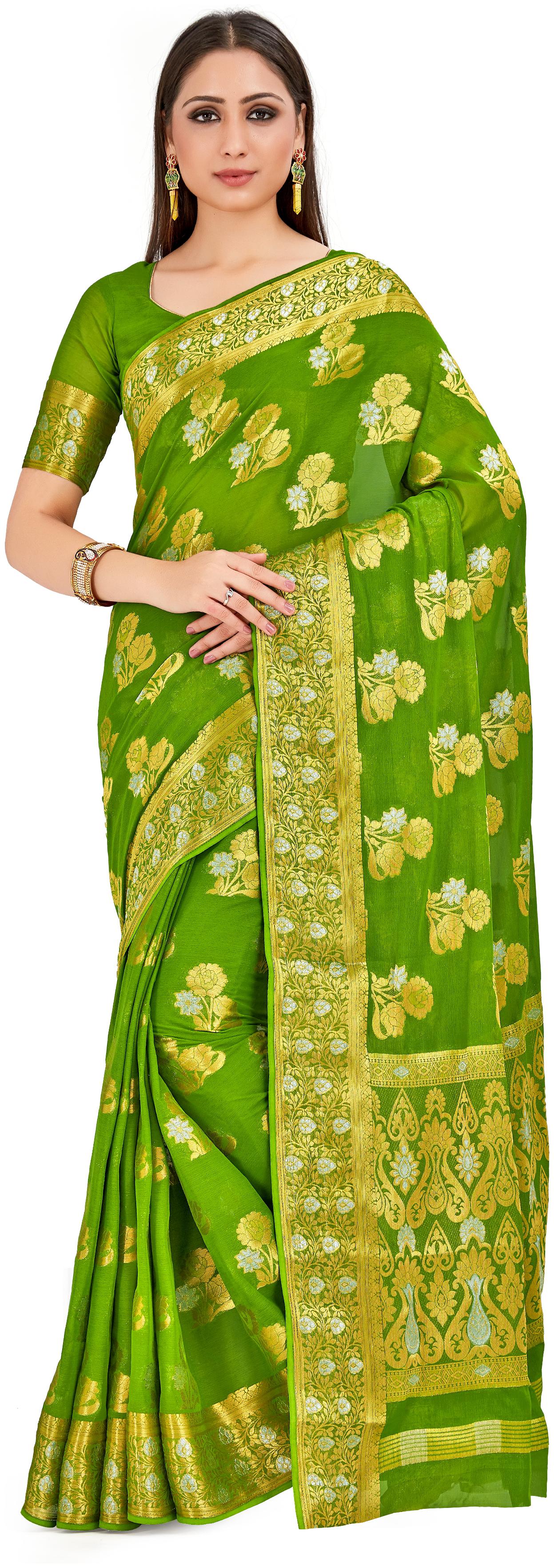 

Mimosa Chiffon Wedding Universal Saree With Blouse Green