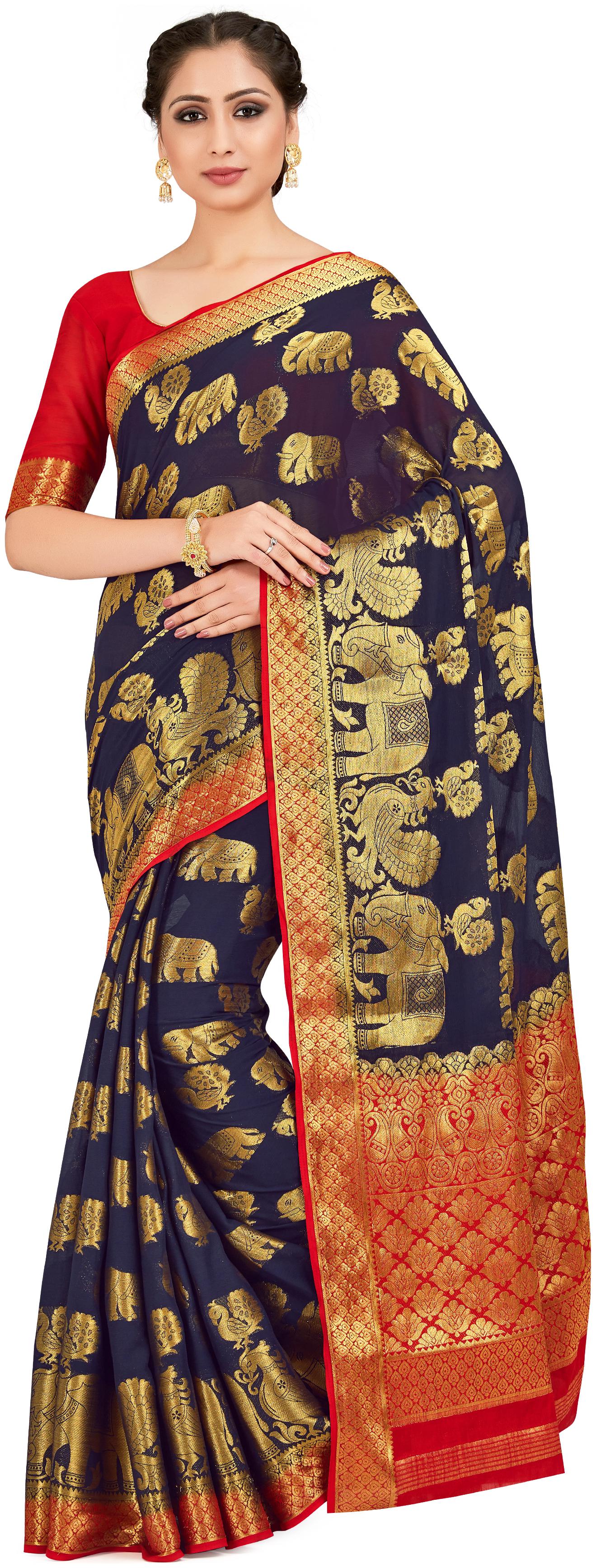

Mimosa Chiffon Wedding Universal Saree With Blouse Blue