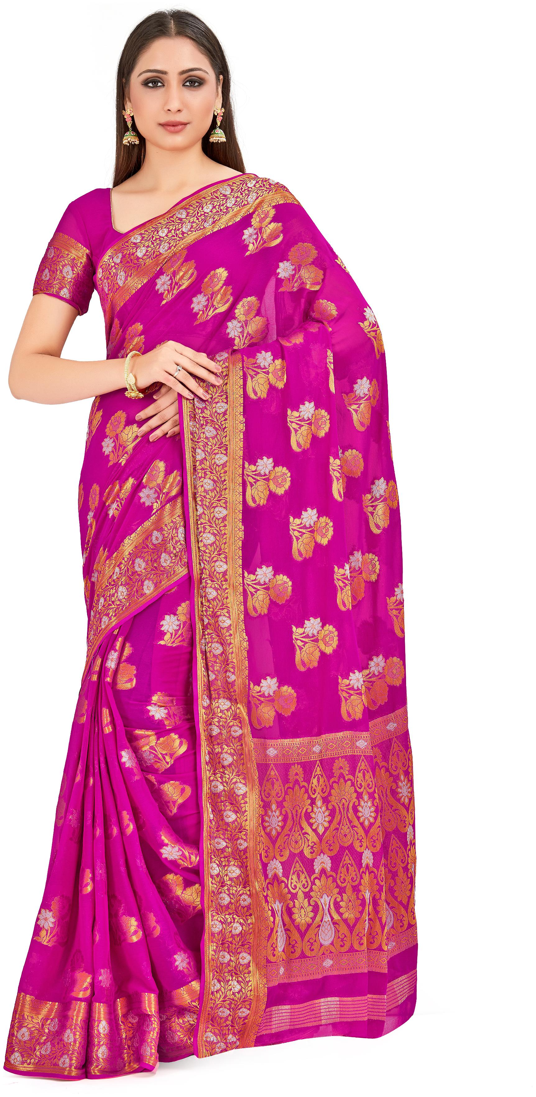 

Mimosa Chiffon Wedding Universal Saree With Blouse Pink