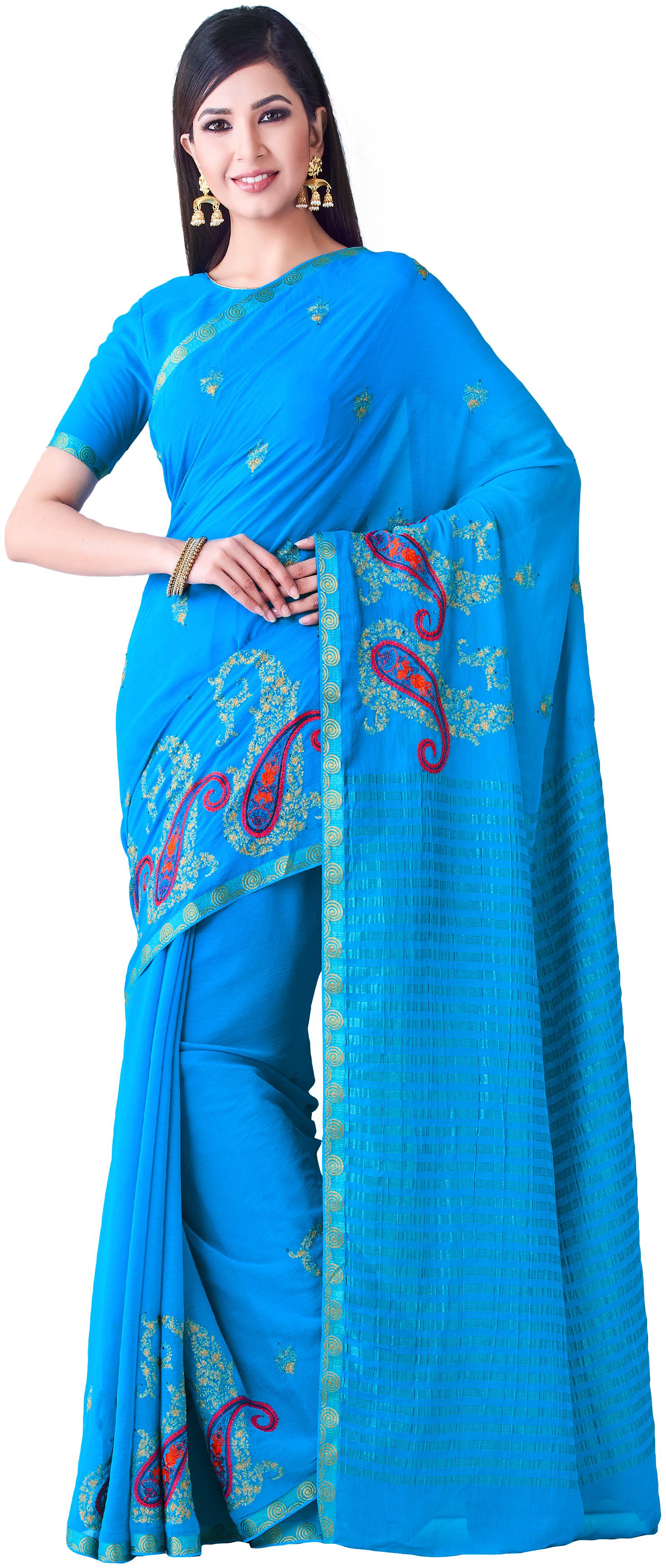 

Mimosa Blue Embroidered Banarasi Regular Saree With blouse