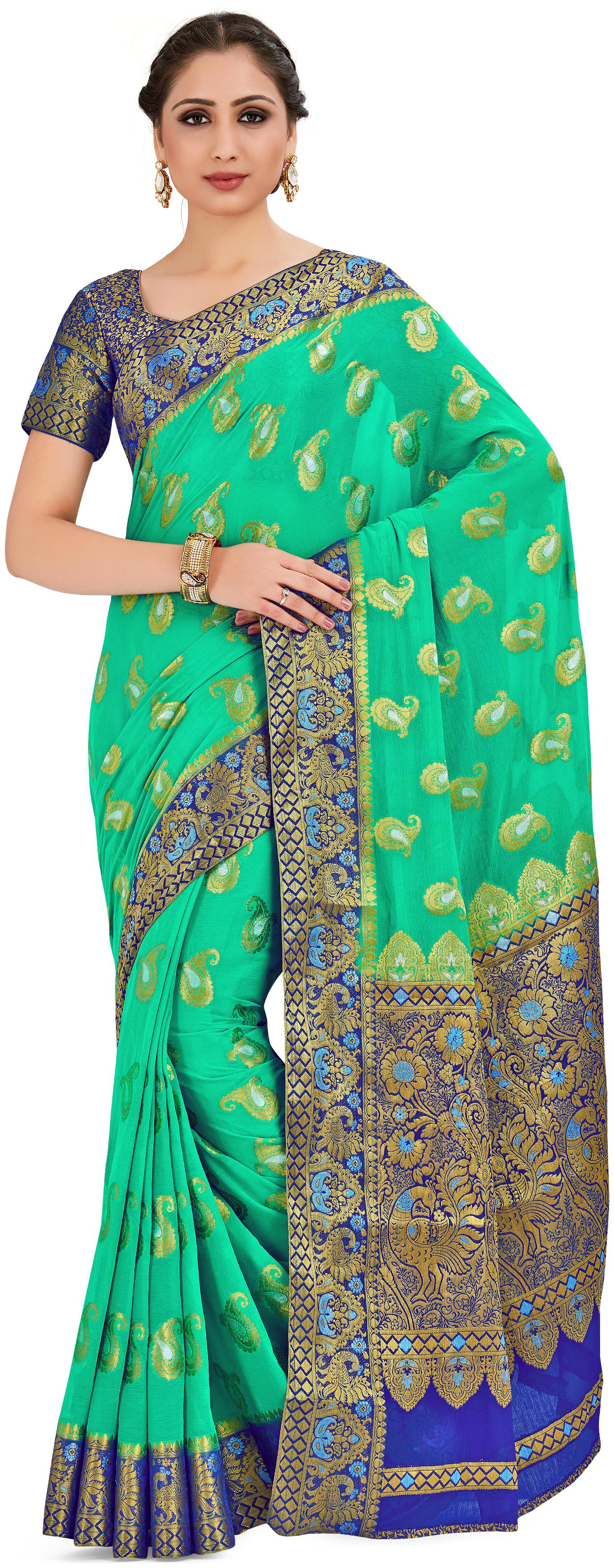 

Mimosa Chiffon Wedding Universal Saree With Blouse Green