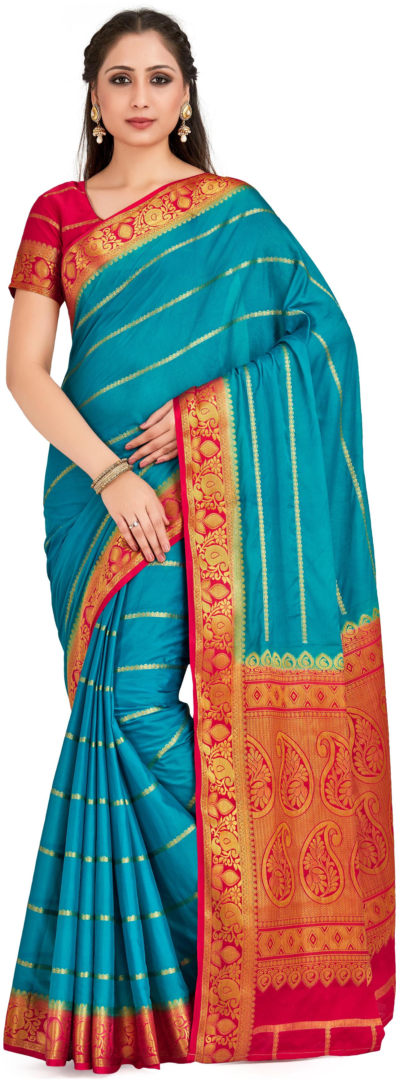 

Mimosa Turquoise Striped Mysore Regular Saree With Blouse With blouse