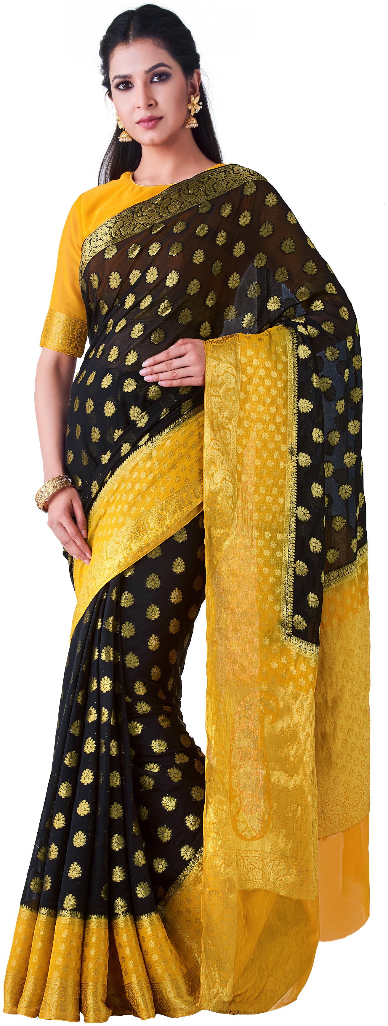 

Mimosa kanchipuram Style chiffon Saree Color Black