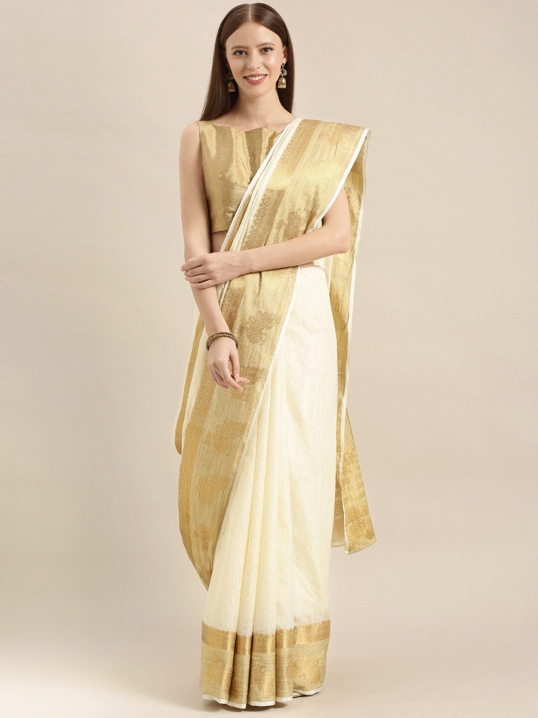 

Mimosa Linen Woven Cream Regular Saree For Women