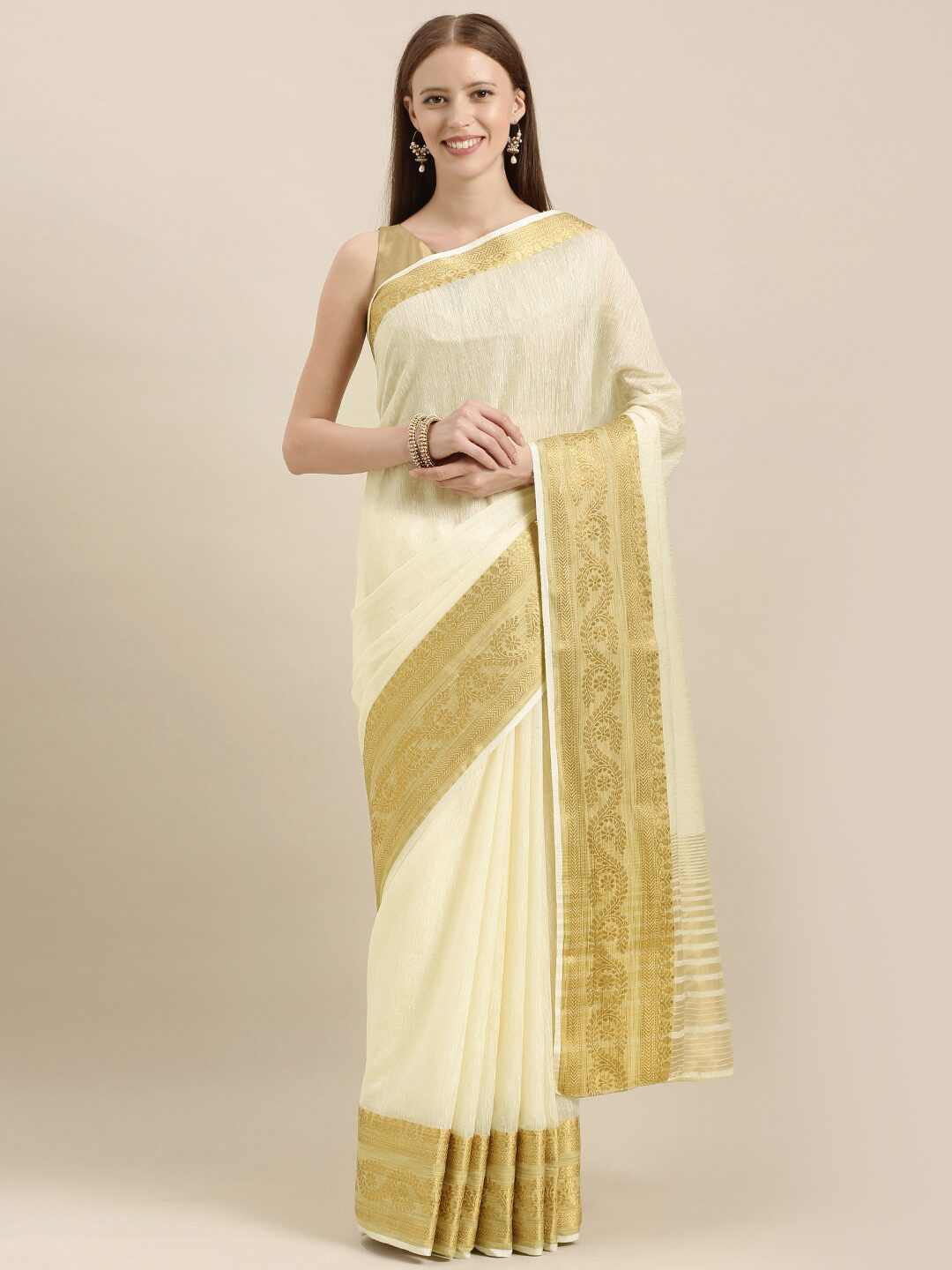 

Mimosa Linen Woven Cream Regular Saree For Women
