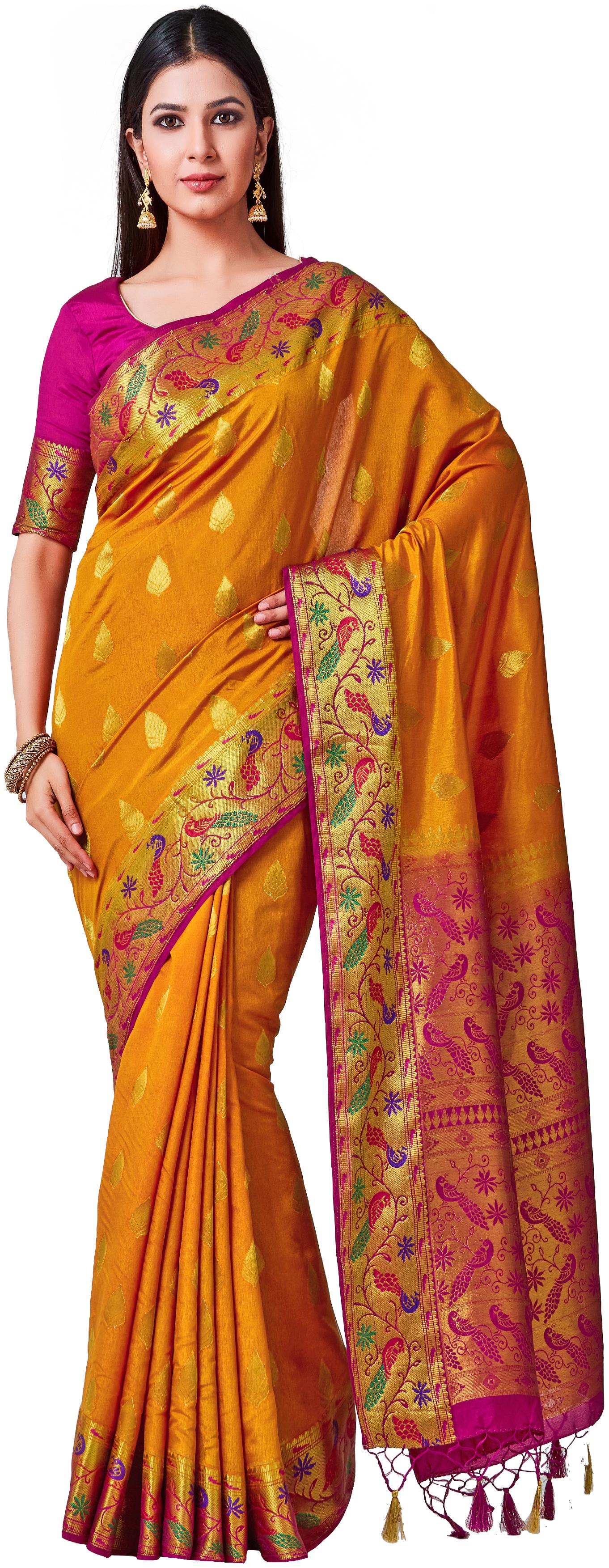 

Mimosa Mustard Woven Kanchipuram Silk Regular Saree With Blouse With blouse