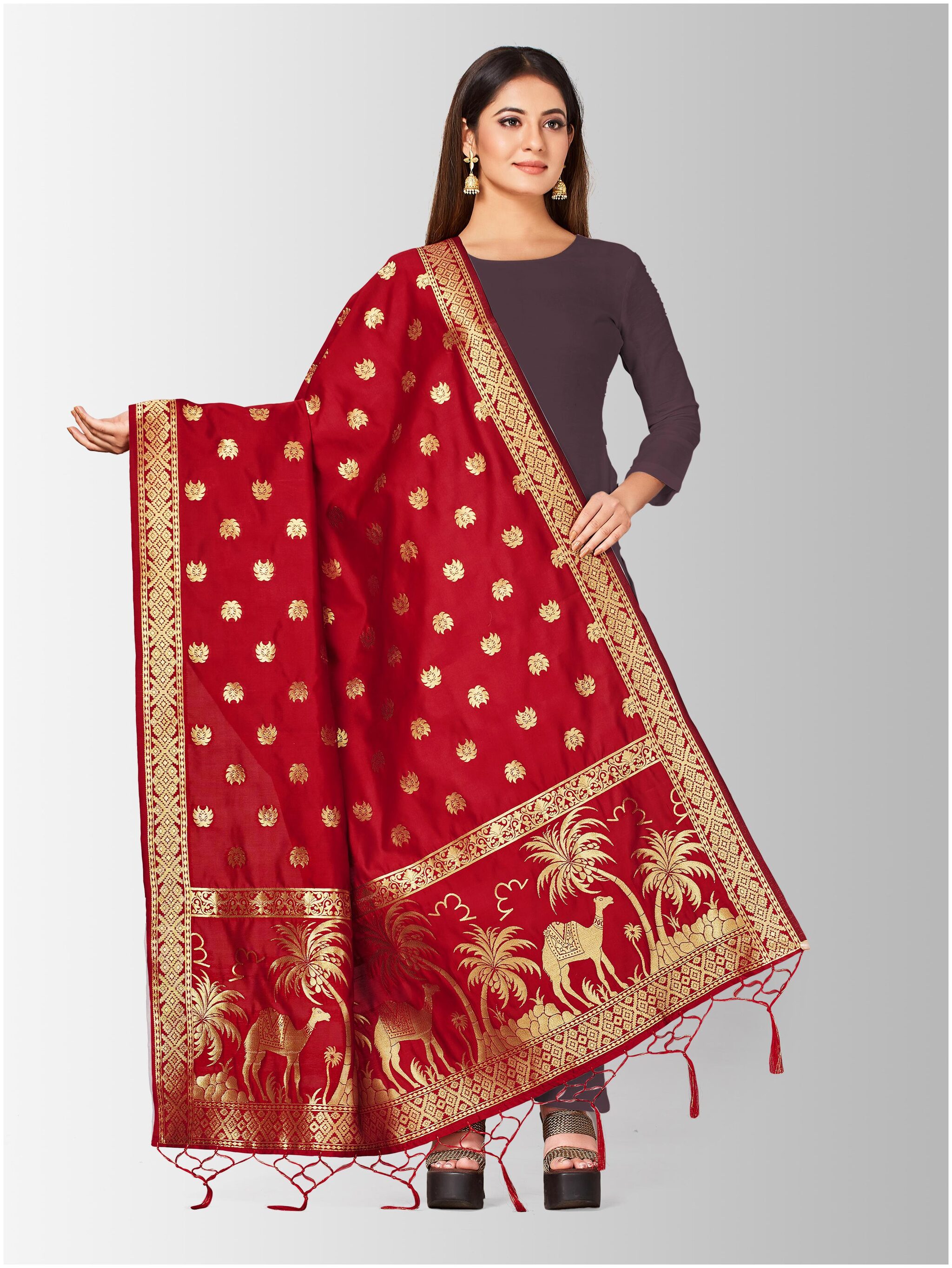 

Mimosa Silk Embellished Red Dupatta For Women