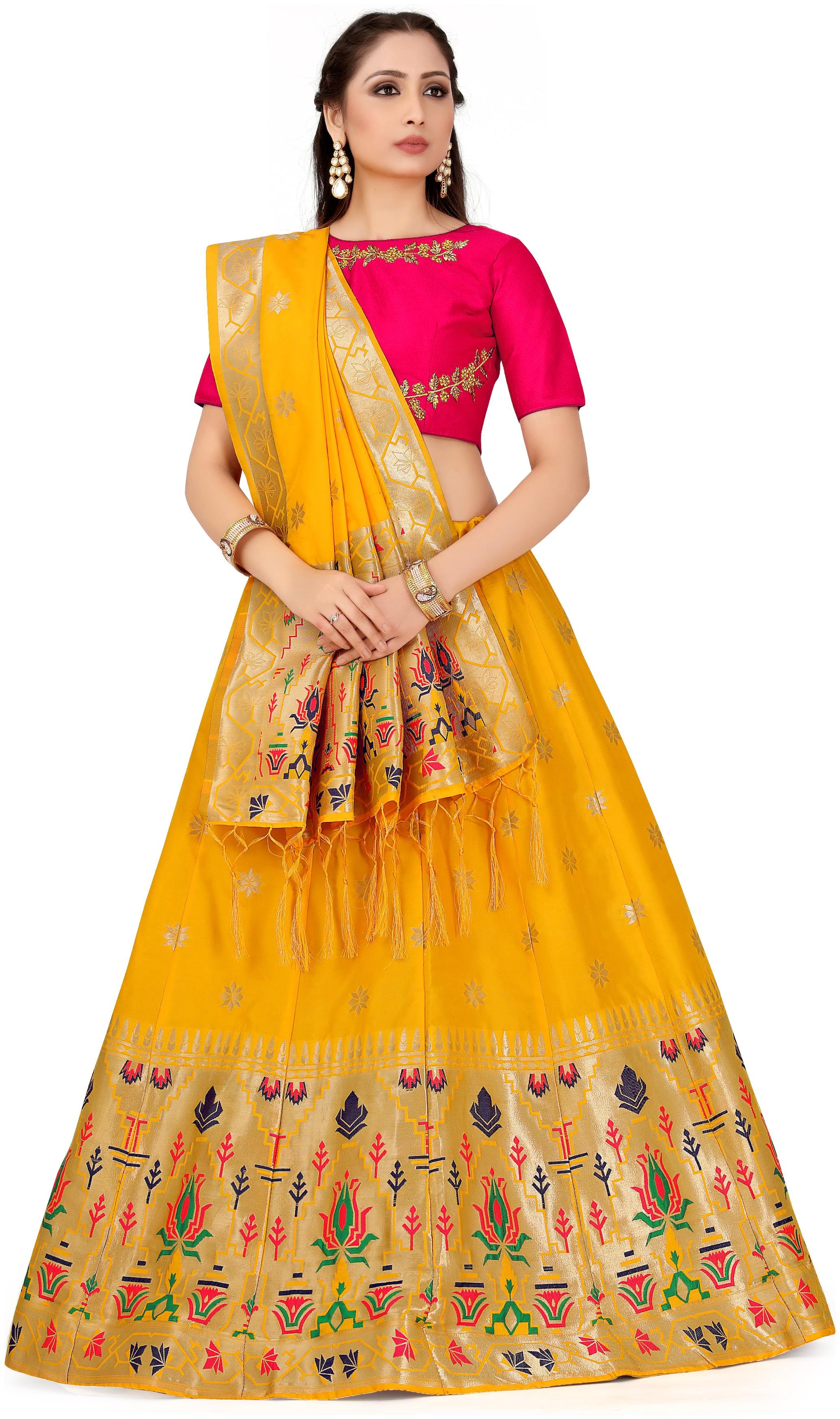 

Mimosa Silk Semistiched Lehenga Choli Dupatta Yellow and Pink