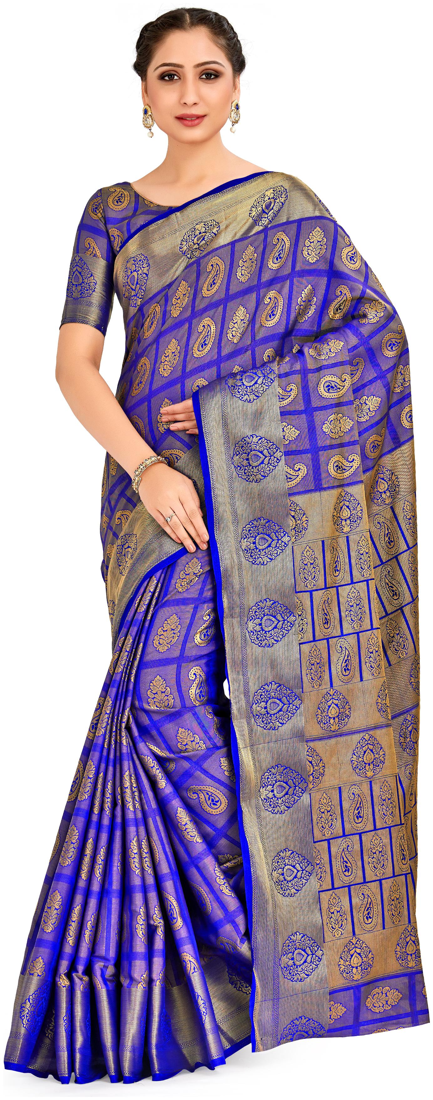 

Mimosa Silk Wedding Universal Saree With Blouse Blue