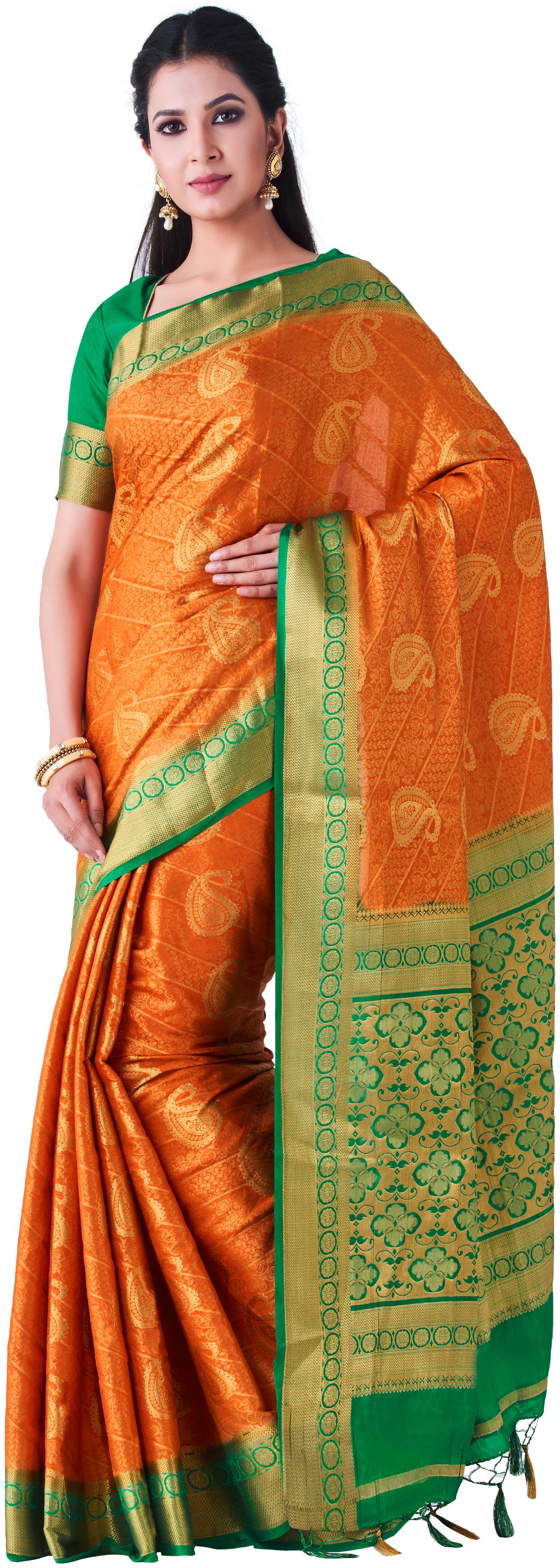

MIMOSA Silk Kanchipuram Silk Zari Work Sarees Orange Green