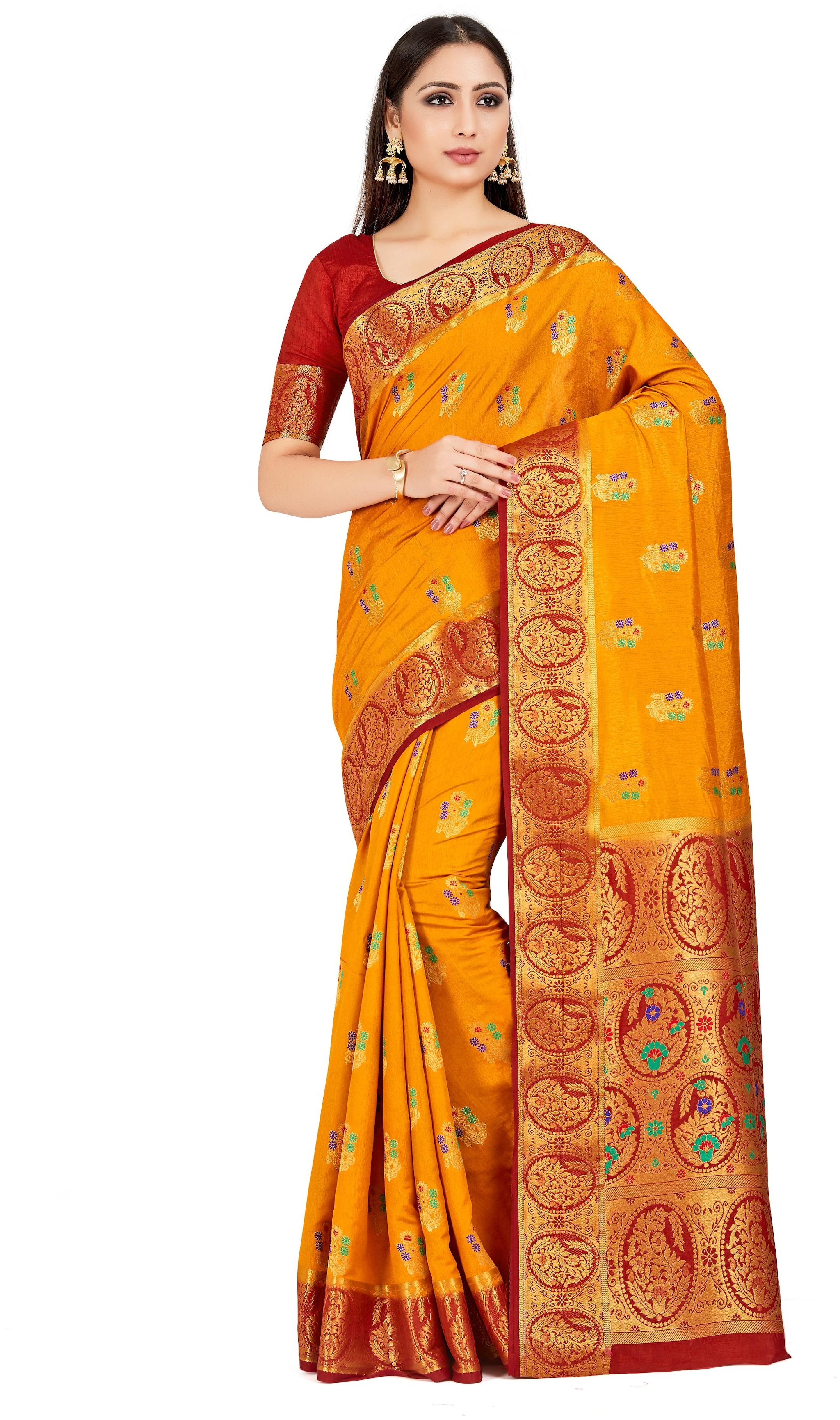 

Mimosa Orange Woven Kanchipuram Silk Regular Saree With Blouse With blouse
