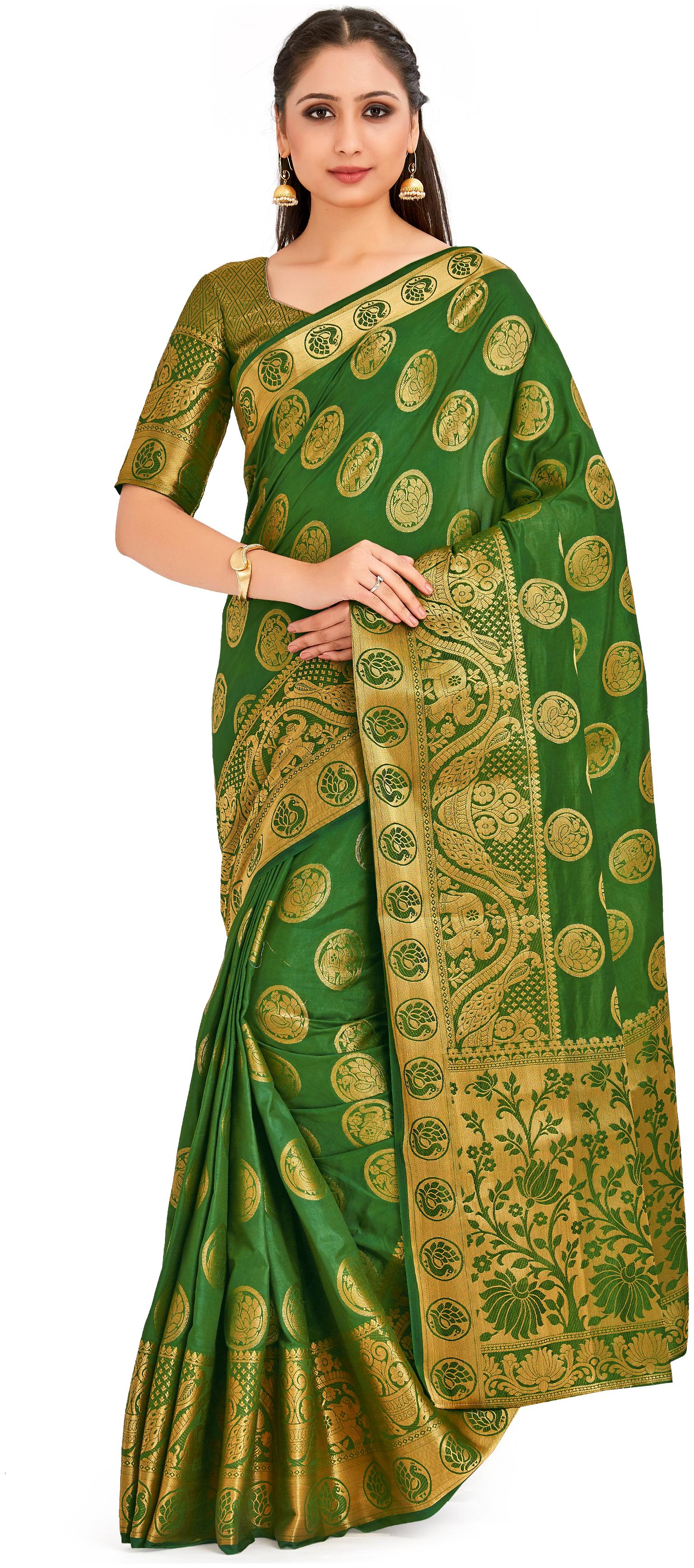 

Mimosa Silk Wedding Universal Saree With Blouse Green