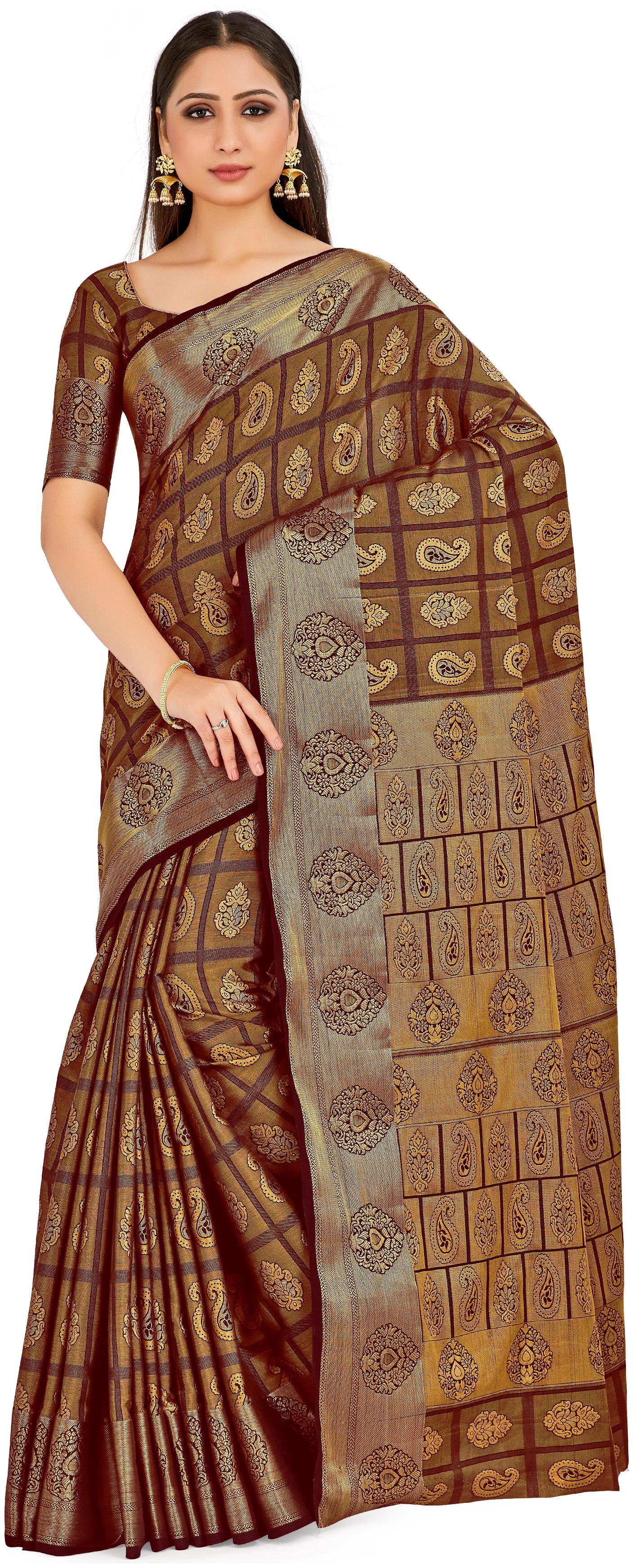 

Mimosa Silk Wedding Universal Saree With Blouse Brown