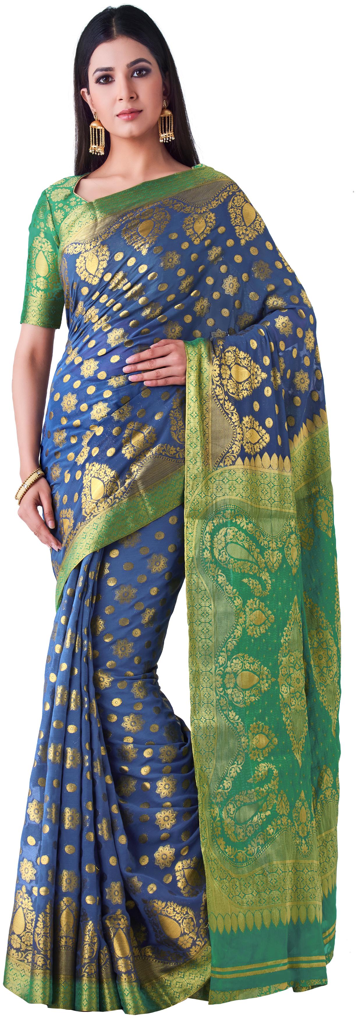

Mimosa WomenChiffon Kanchipuram Silk Blue Saree With Blouse