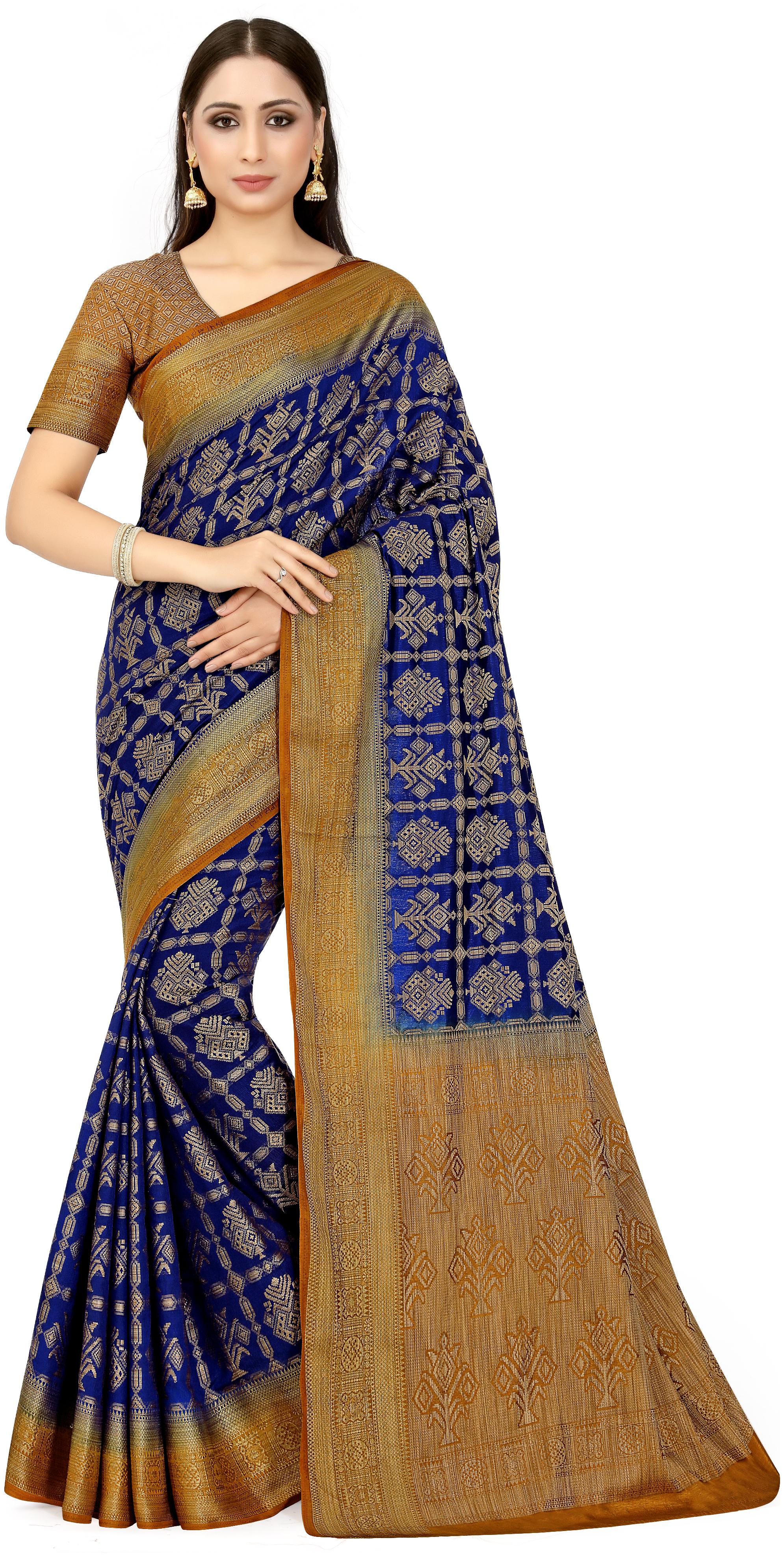 

Mimosa Blue Woven Patola Regular Saree With Blouse With blouse